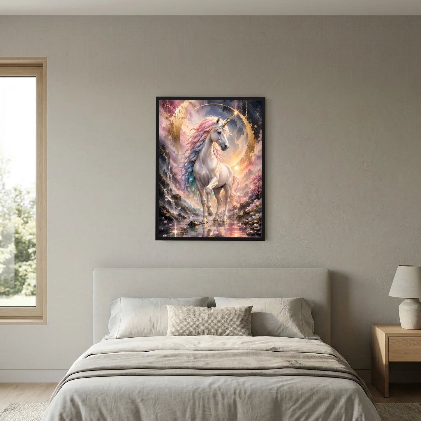 Einhorn-Poster in schwarzem Rahmen: weißes geflügeltes Einhorn mit goldenem Kreis.