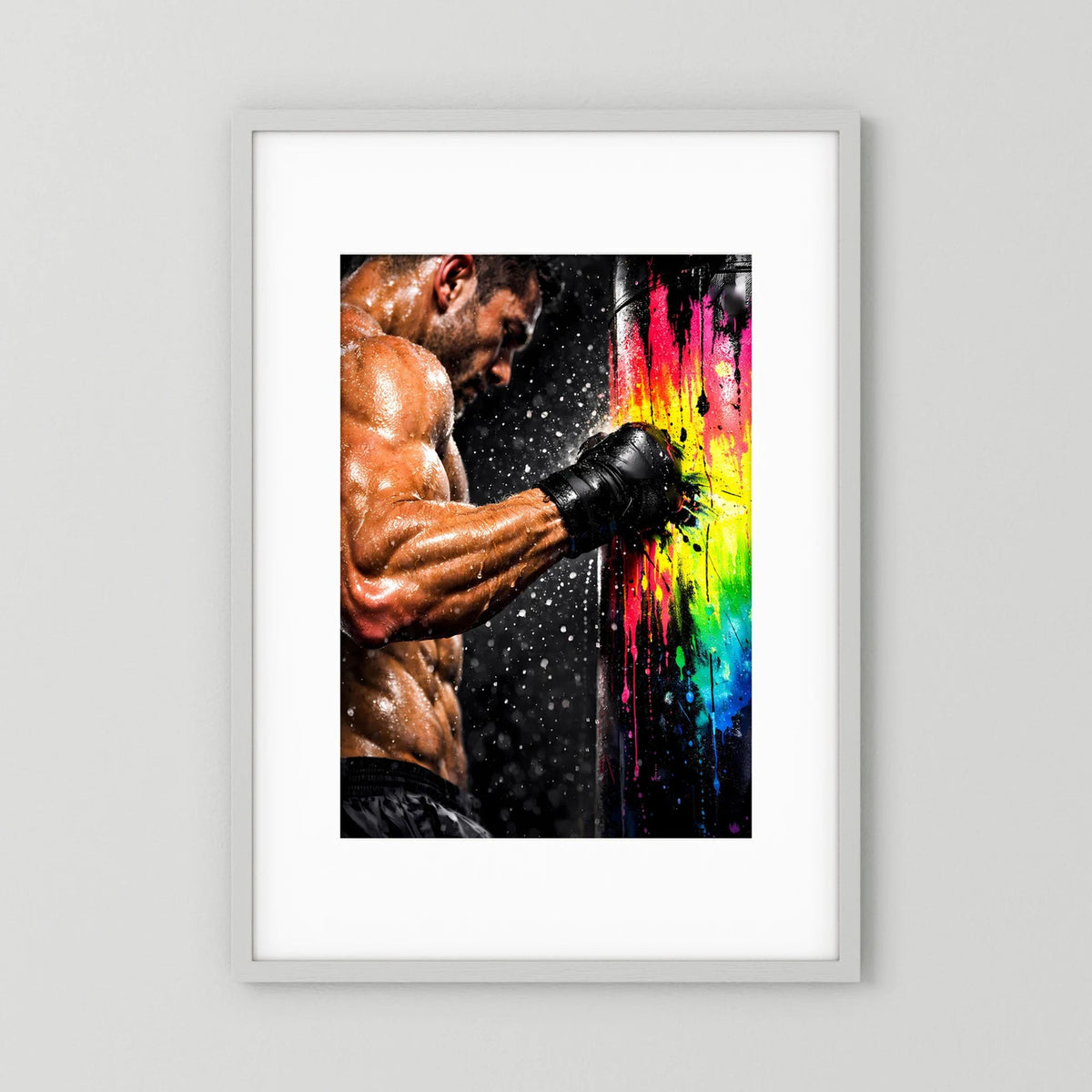 Gerahmtes Hochformat-Poster: Boxer im Training mit bunten Farbspritzern