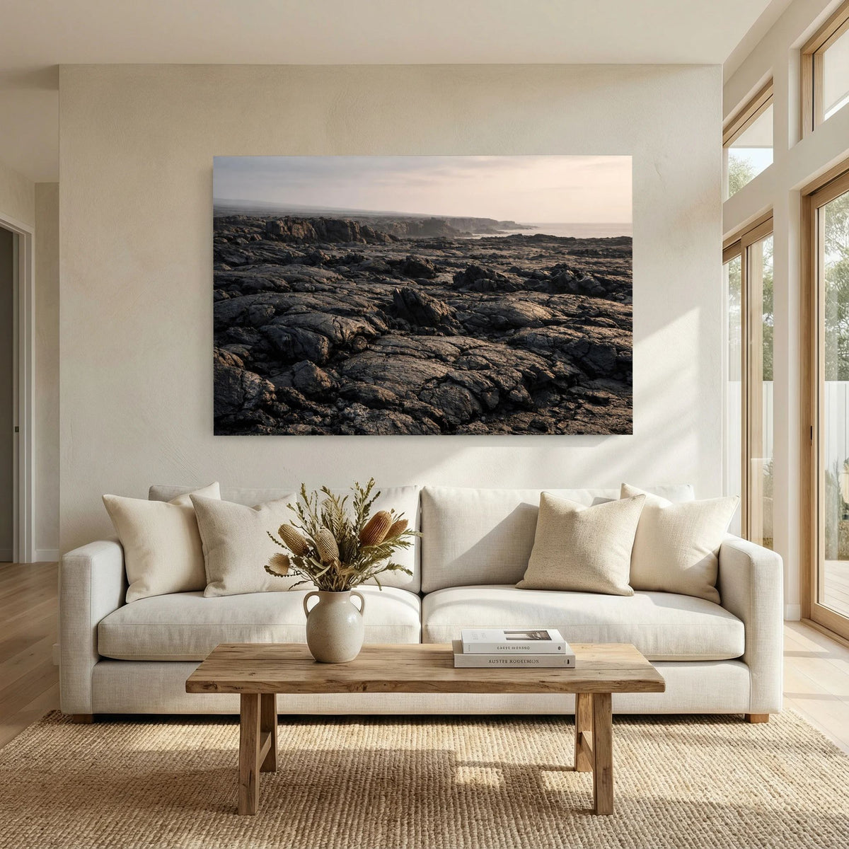Wandposter mit Vulkanlandschaft und Lavafeldern an der Küste, querformatig