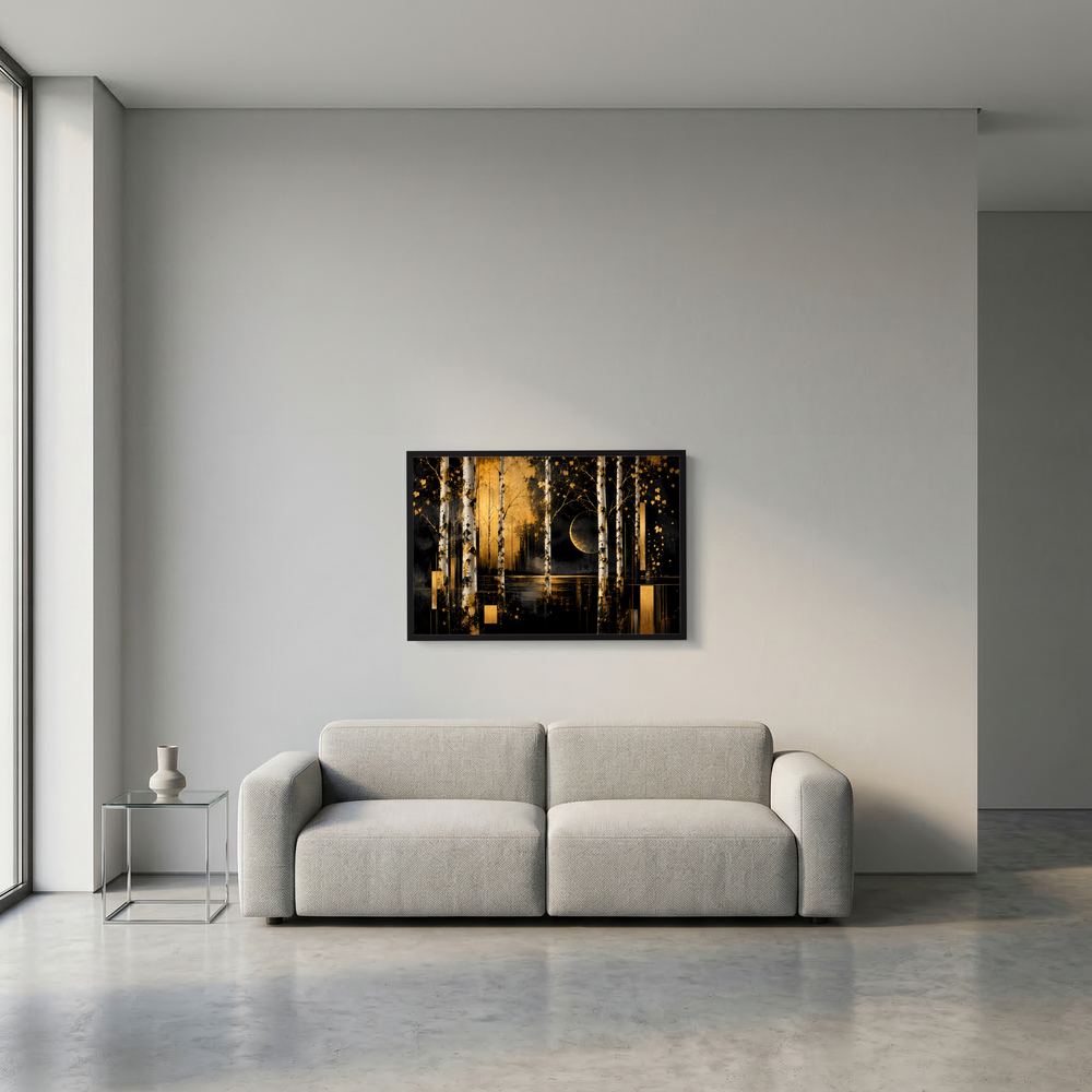 Gerahmtes Querformat-Poster mit abstrakter Waldszene in Schwarz und Gold, Mondsichel