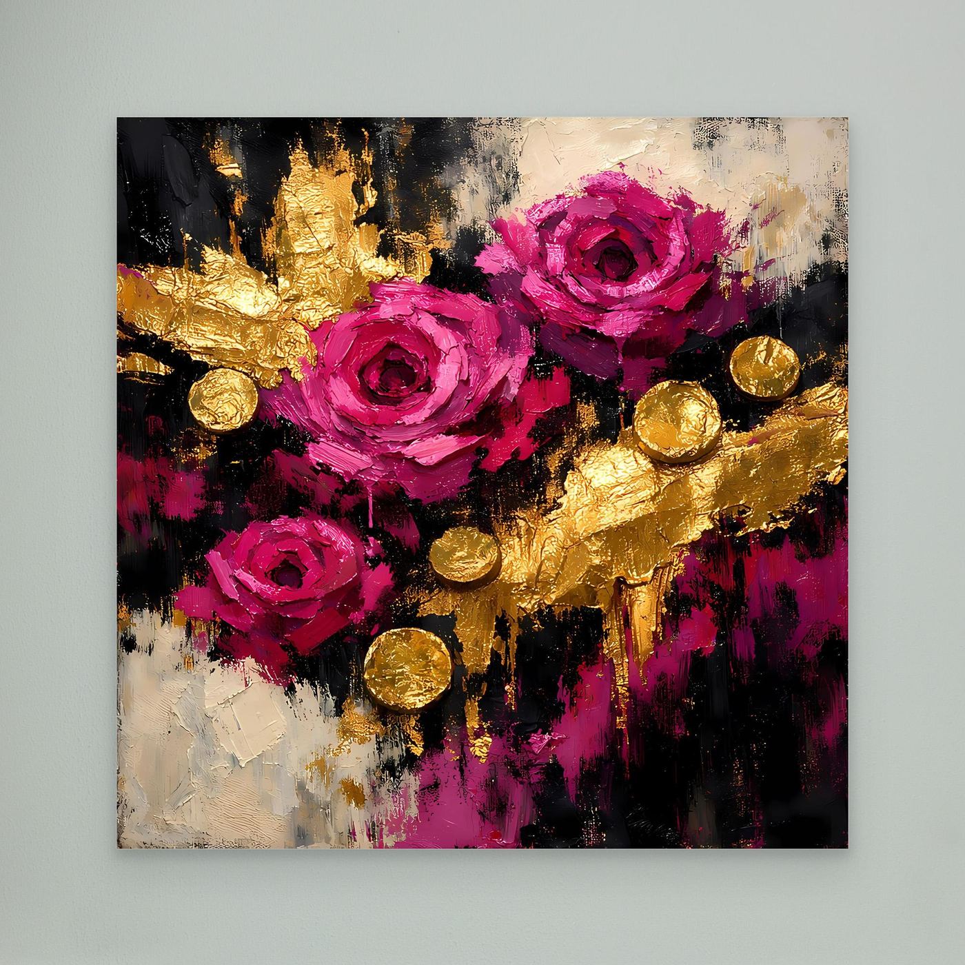Leinwand Elegante Rosen in Magenta | Abstraktes Blumen Wandbild Gold