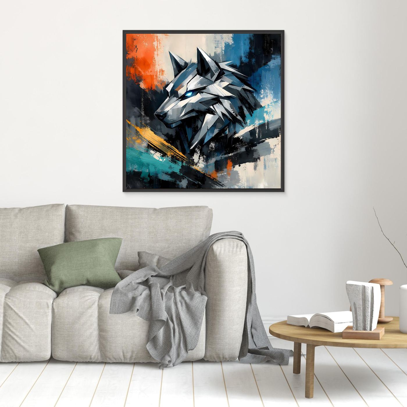 Leinwand-Wandbild mit geometrischem Cyber-Wolf, schwarzer Rahmen