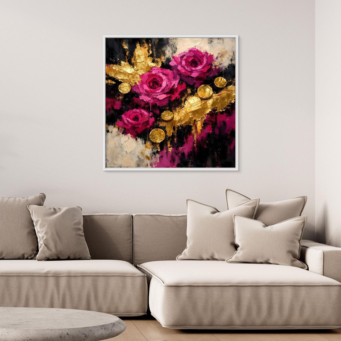 Leinwand Elegante Rosen in Magenta | Abstraktes Blumen Wandbild Gold
