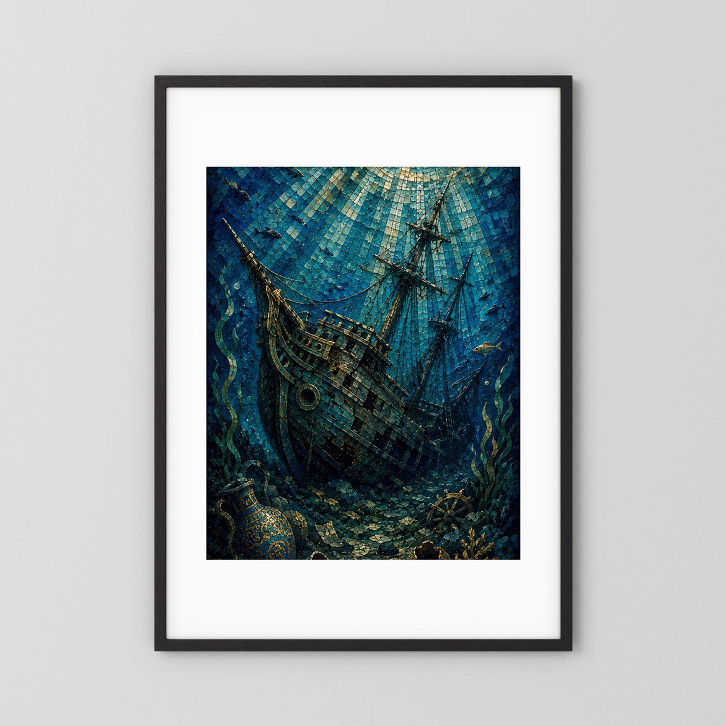 Gerahmtes Poster: versunkenes Segelschiff im Mosaikstil, blau und gold auf weißem Rand
