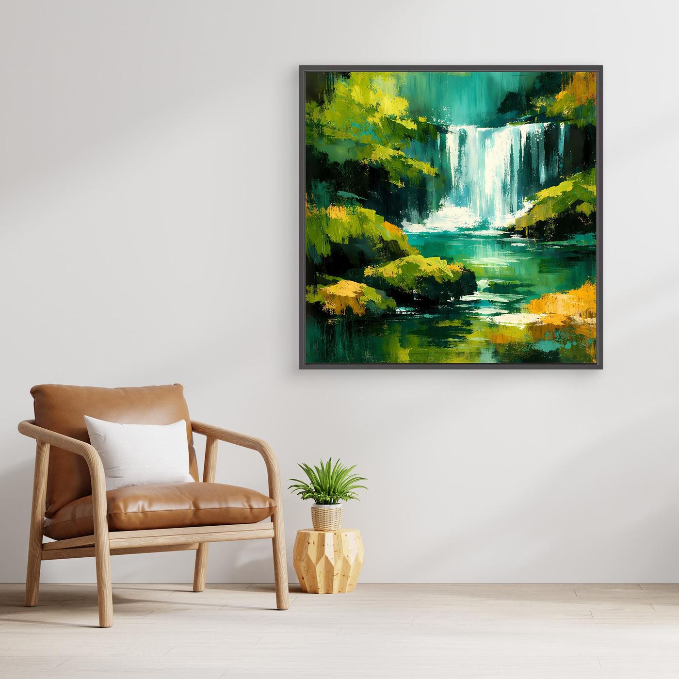 Leinwandbild mit abstraktem Wasserfall im Dschungel, Holzrahmen.