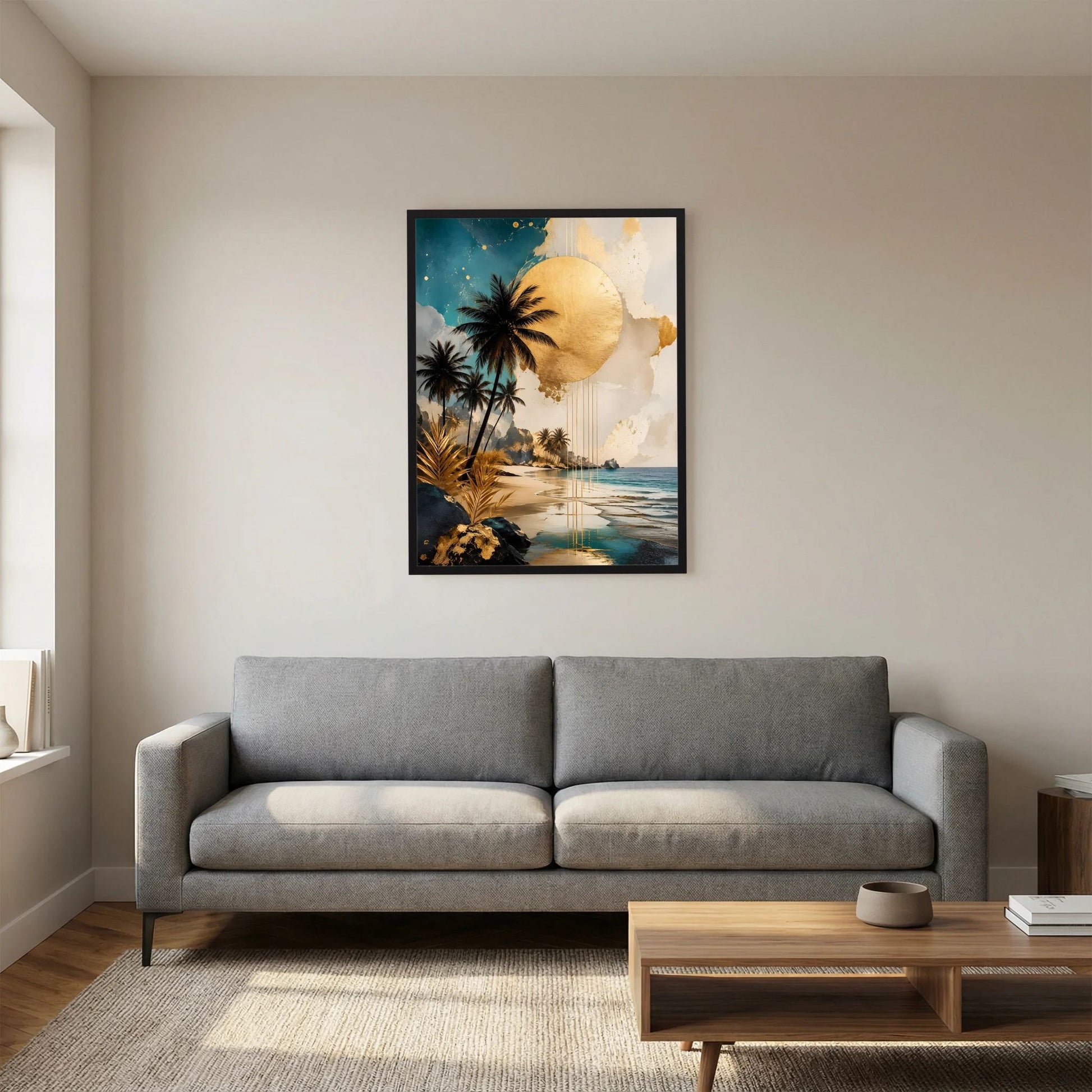 Gerahmtes Poster mit abstrakter Tropen-Küste: Palmen, goldene Sonne, Meer