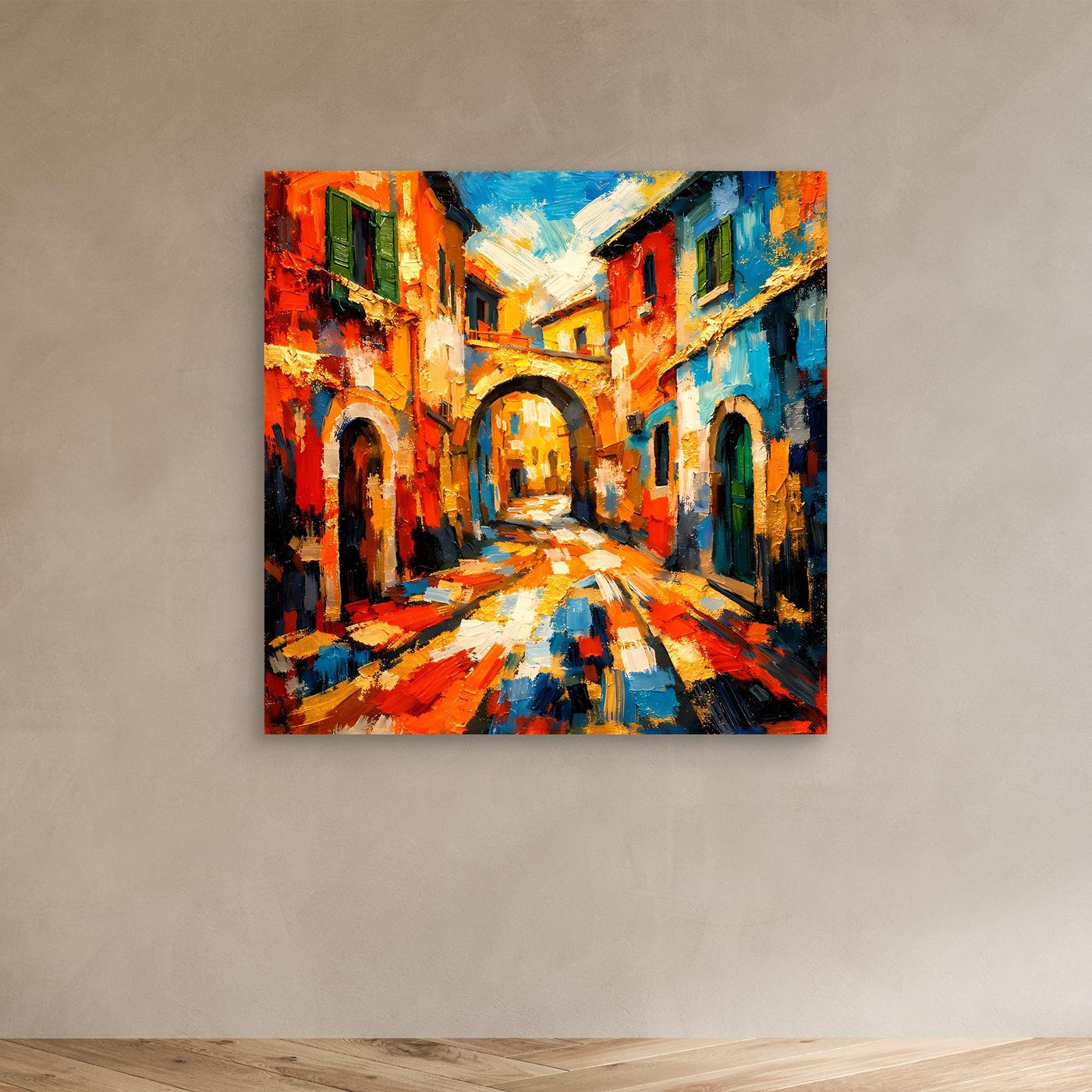 Leinwandbild mediterrane Gasse, farbige Häuser und Kopfsteinpflaster, abstrakt bunt