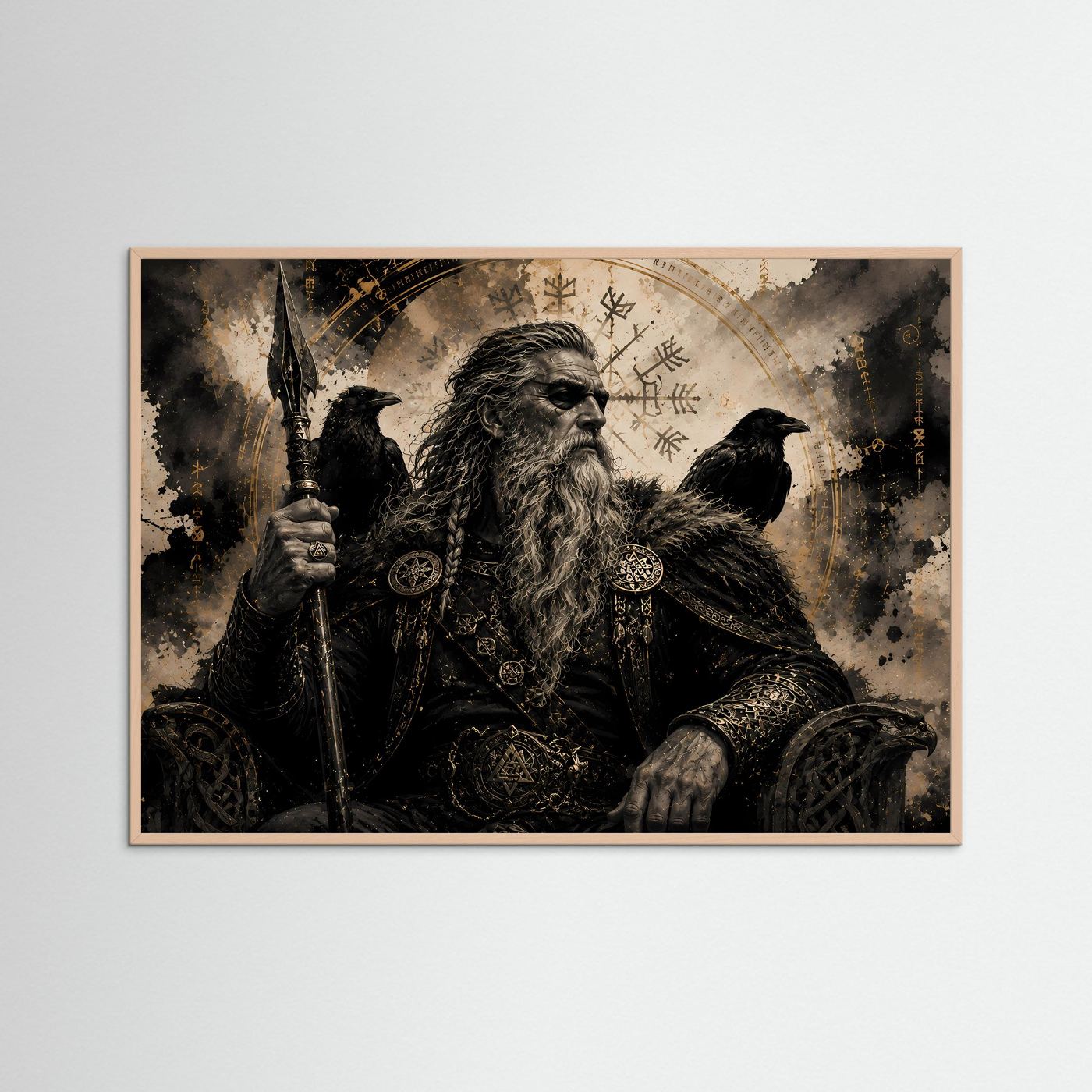 Querformatiges Poster: Wikinger-Rabenkrieger mit Speer, Raben und Runen; rötlicher Holzrahmen