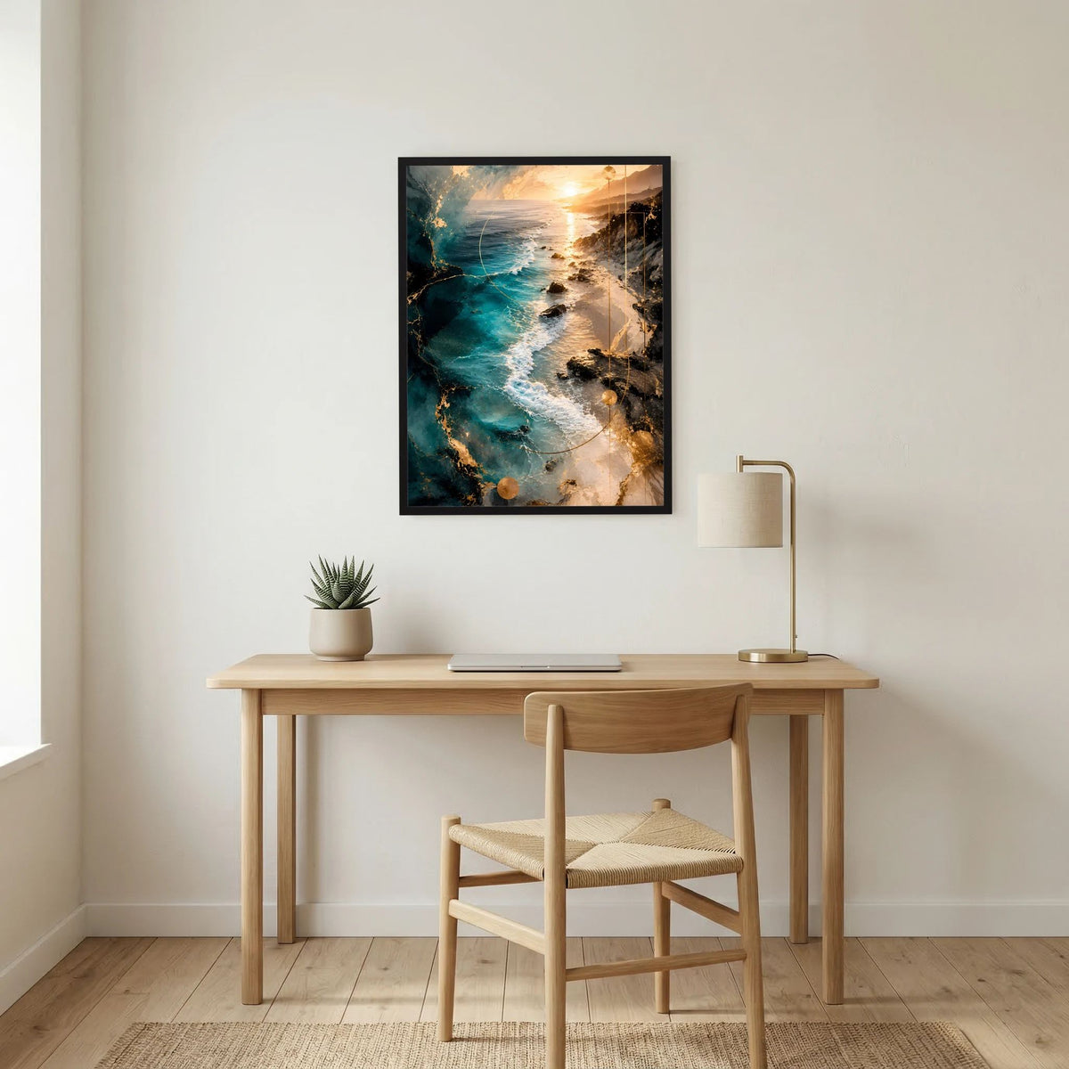 Poster mit abstrakter Küste in Türkis und goldener Sonne, schwarz gerahmt, Hochformat