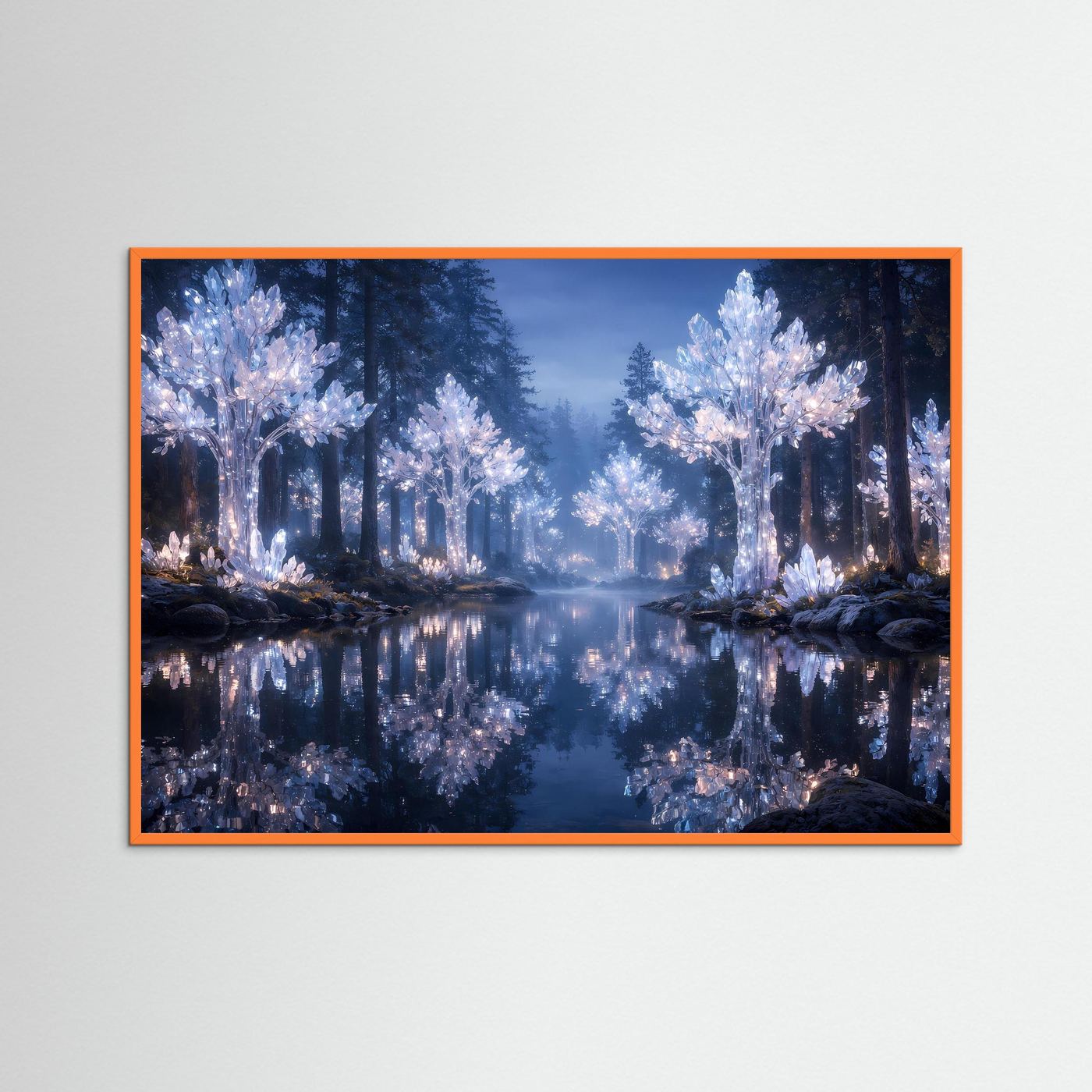 Wandbild mit leuchtenden blauen Bäumen am Fluss im orangefarbenen Rahmen