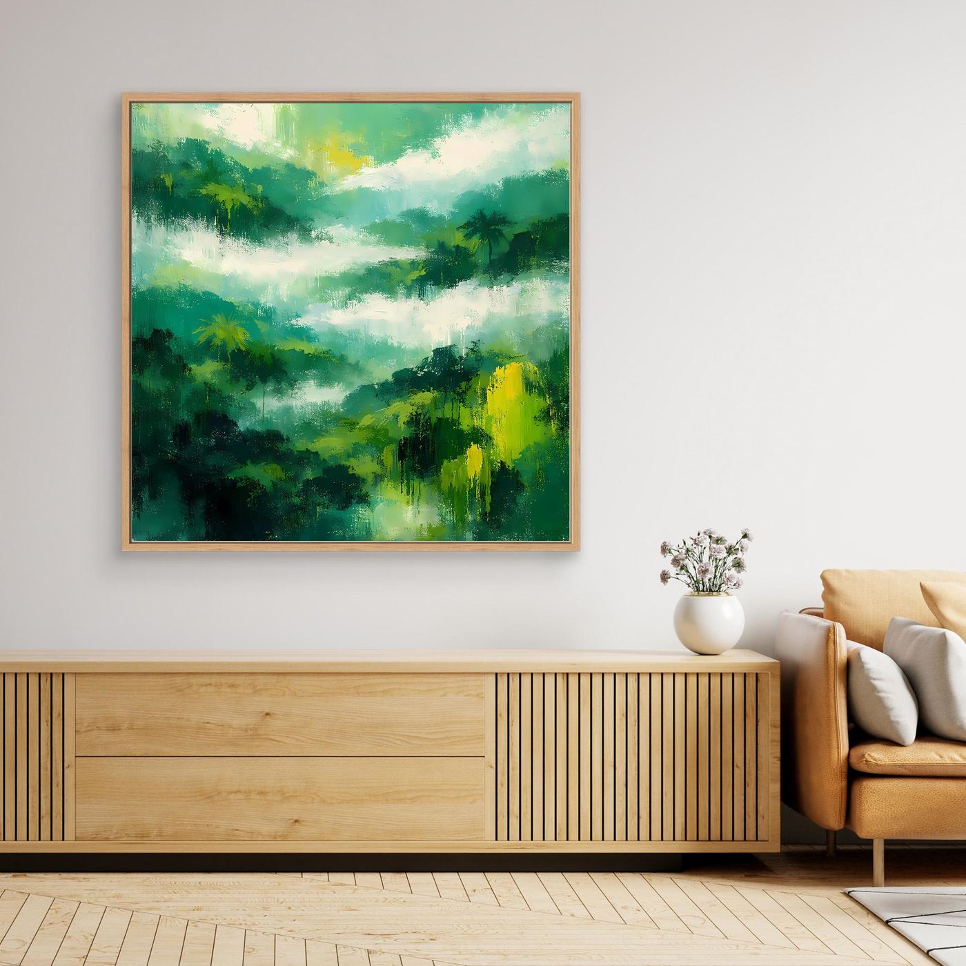 Quadratisches Leinwand-Wandbild mit abstraktem Regenwald und Nebel, Eichenrahmen