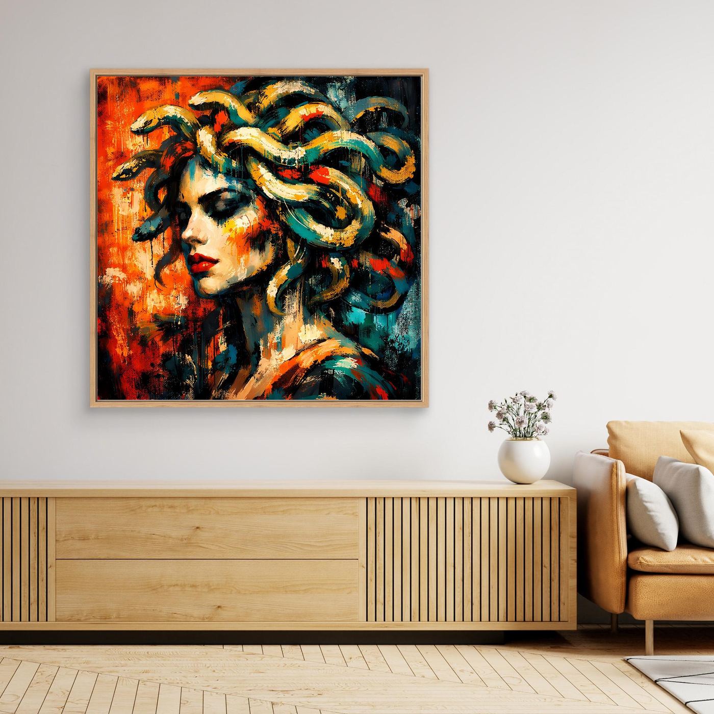 Leinwandbild mit Medusa-Porträt im hellem Holzrahmen, orangefarben, türkis-grünes Haar