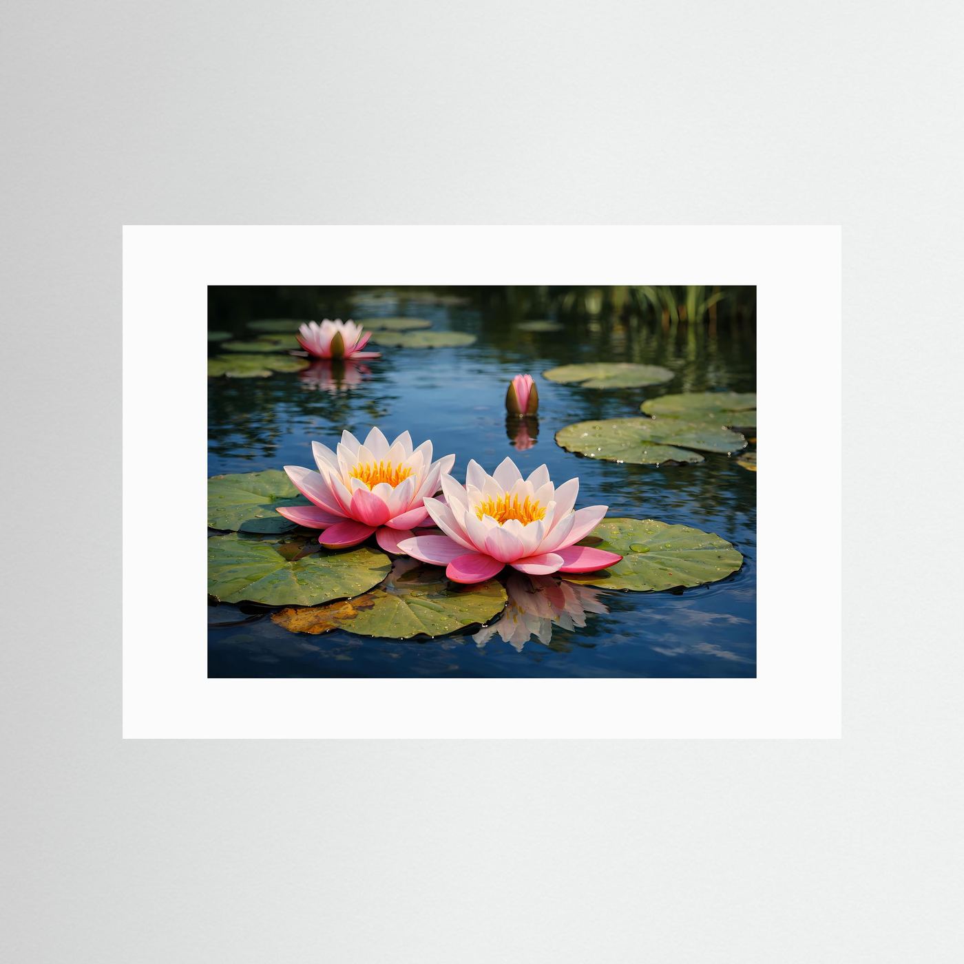 Poster mit rosa Seerosen auf ruhigem Teich, weißes Passepartout