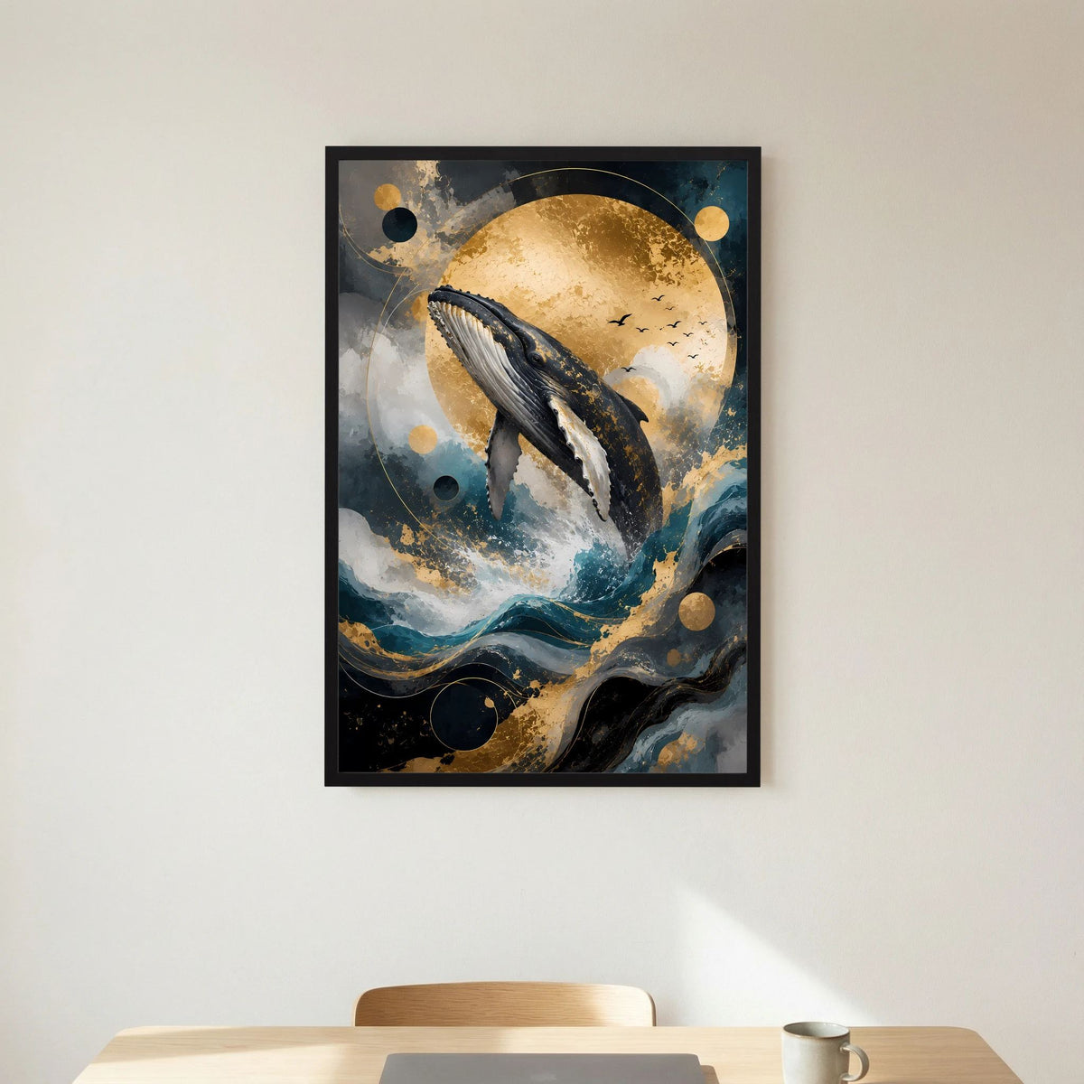Buckelwal-Kunstposter im Hochformat, schwarzer Rahmen, Mond und Gold über Wellen