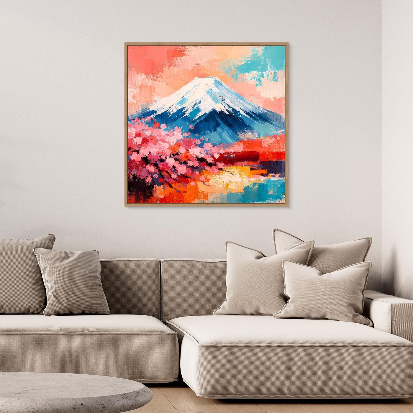 Gerahmtes Leinwand-Wandbild: Fuji mit weißem Gipfel, rosa Blüten und blau-orangefarbene Flächen.
