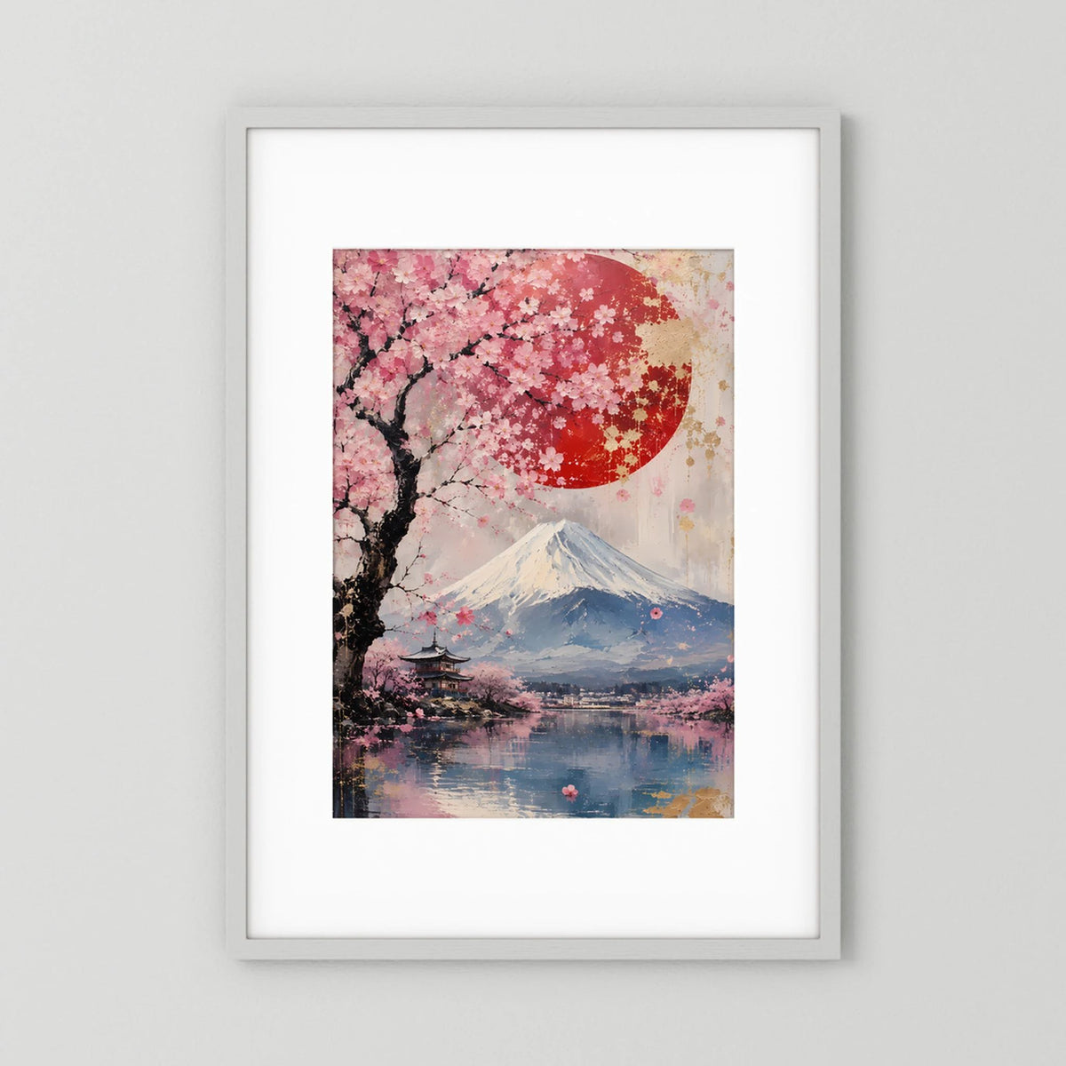 Gerahmtes Poster mit Kirschblüte, Fuji und roter Sonne über See (Hochformat)