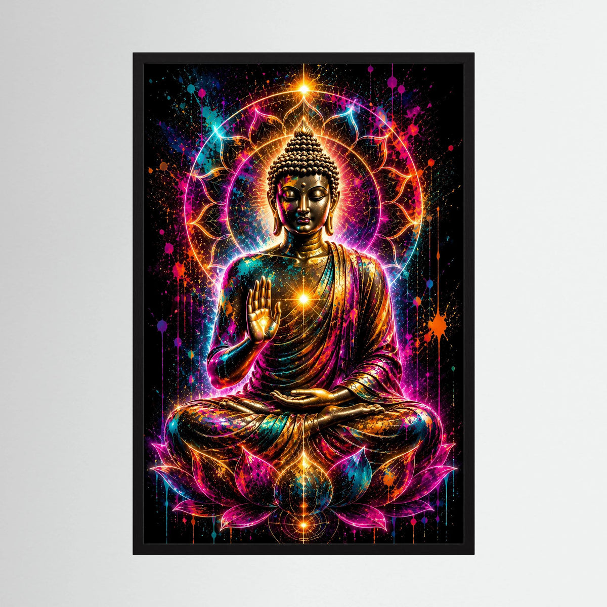 Hochformat-Poster mit Buddha im Lotussitz, goldene und bunte Neon-Optik, schwarzer Rahmen