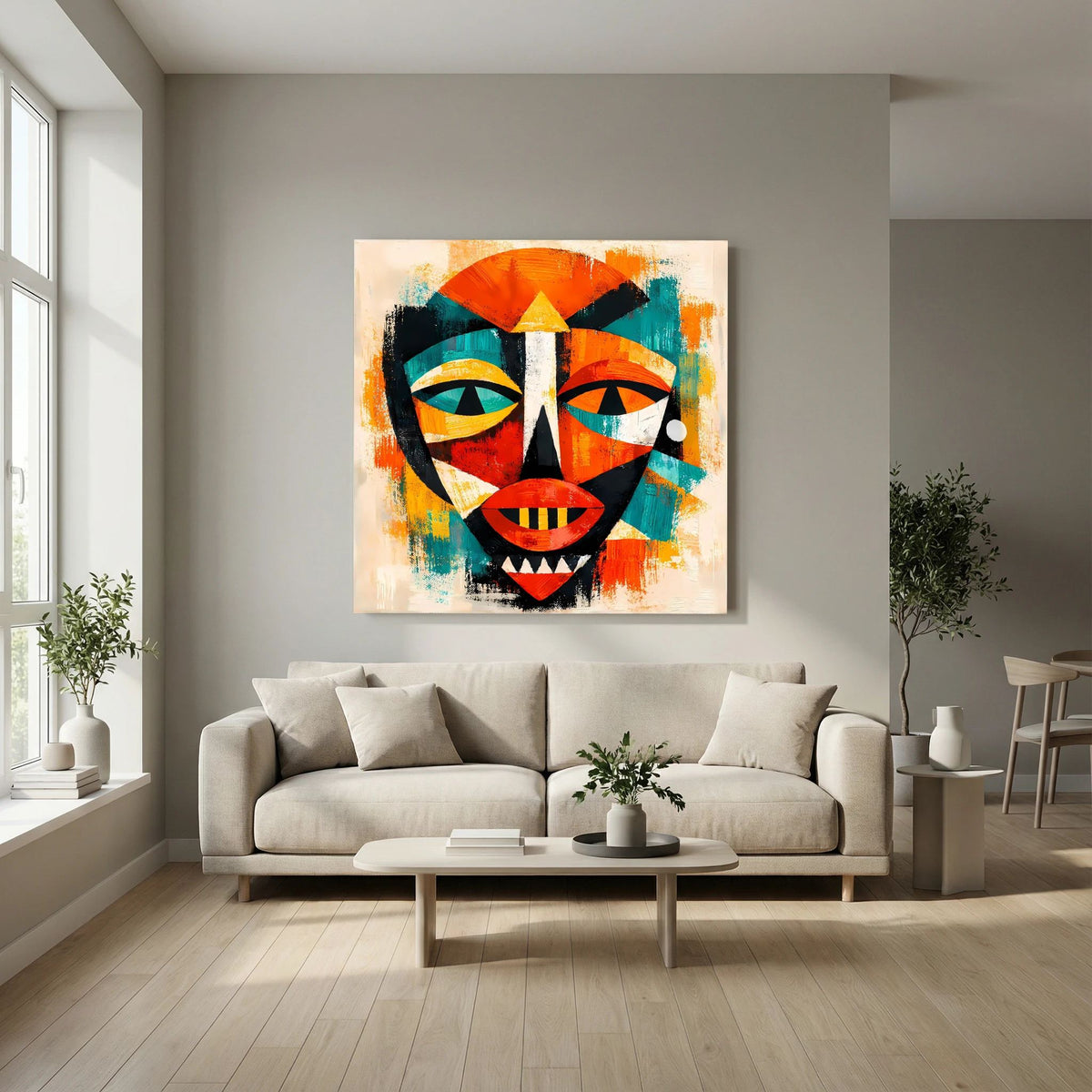 Leinwandbild mit afrikanischer Maske im abstrakten Stil, orange, türkis und schwarze Linien