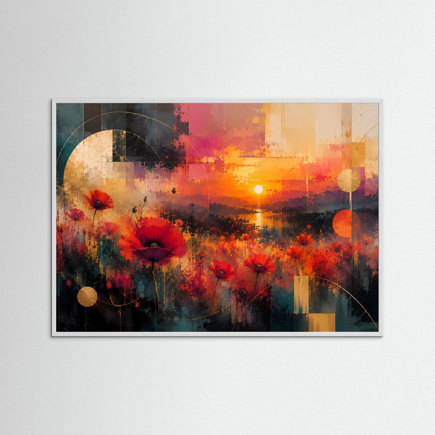 Abstraktes Mohnblumenbild mit weißem Holzrahmen, rote Blüten und orangefarbener Sonnenuntergang