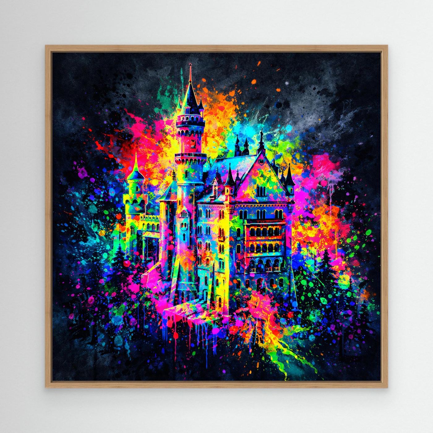 Leinwandbild mit bunter Graffiti-Schlossillustration, Holzrahmen