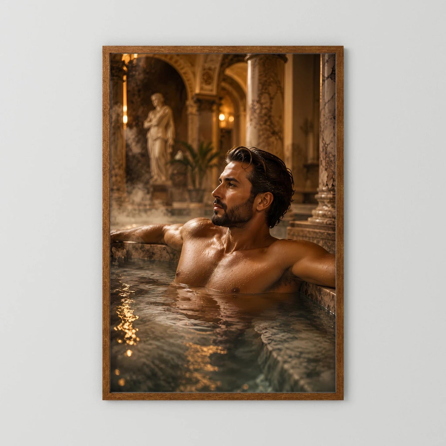 Gerahmtes Thermalbad-Poster: Mann im Becken, Blick nach vorn