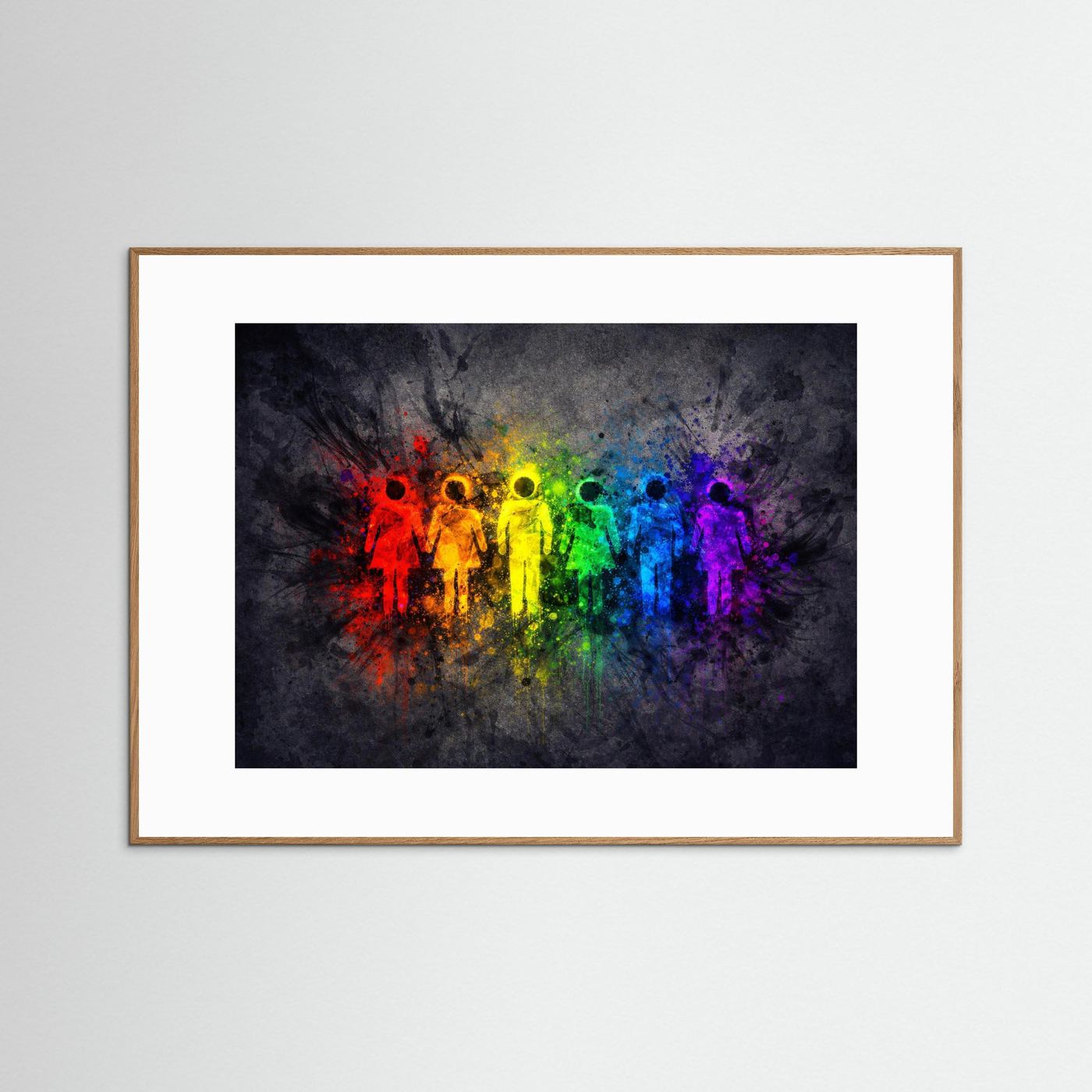 Poster mit Regenbogen-Menschen-Silhouetten, hellbrauner Holzrahmen