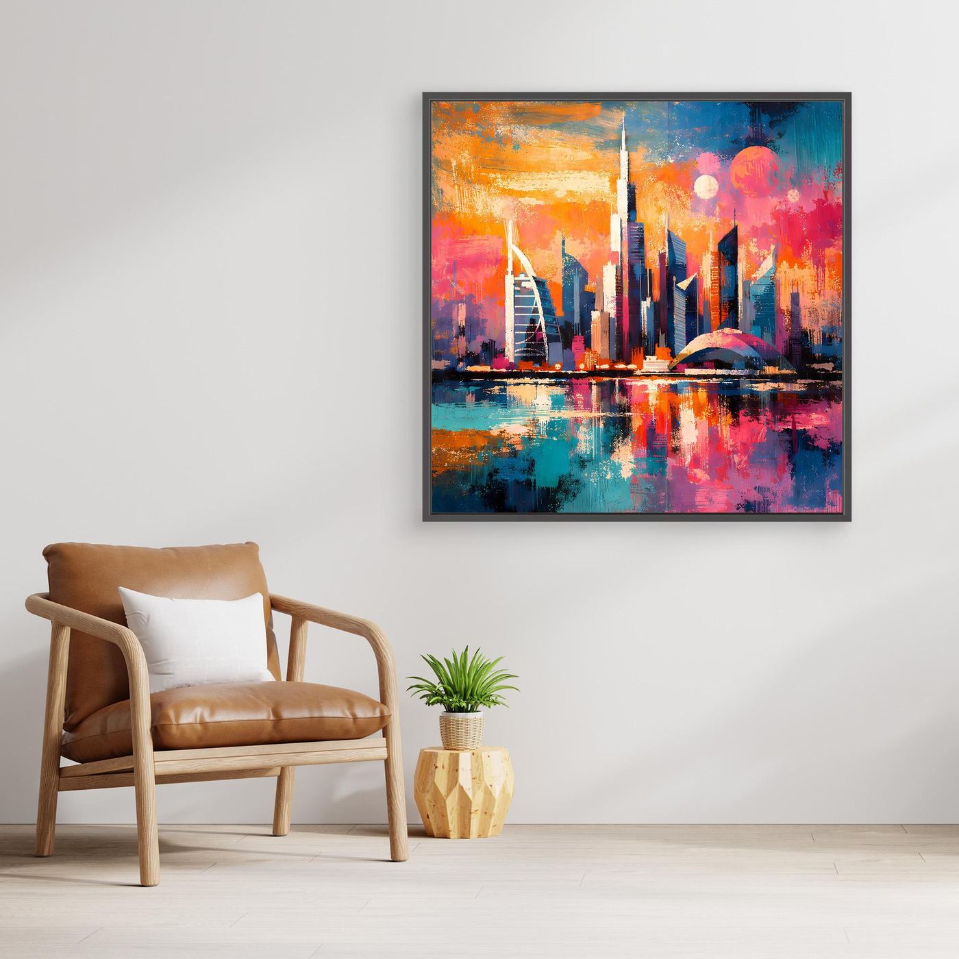 Leinwand-Wandbild mit türkis-roten Farbverläufen, Skyline bei Nacht und Wasserreflexion