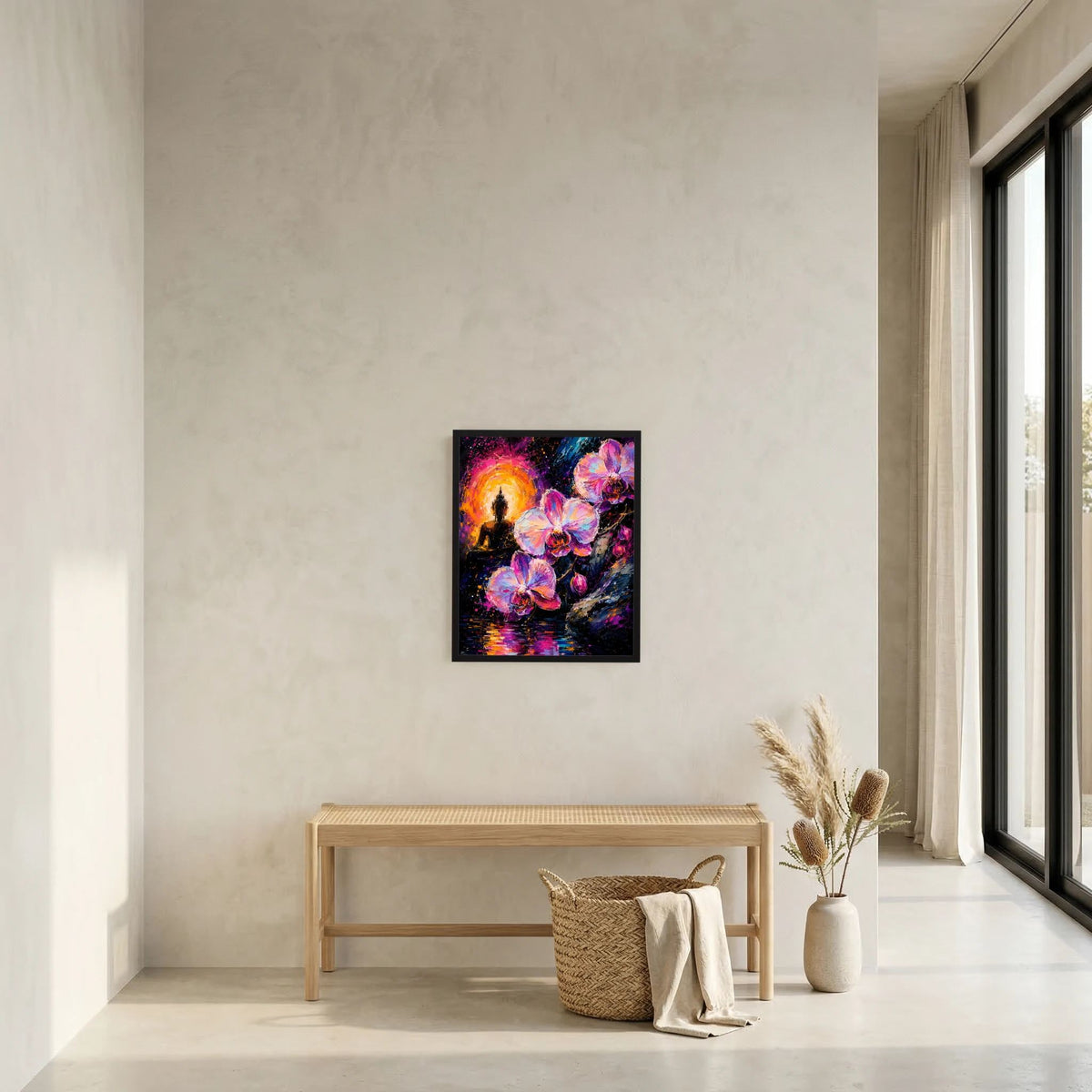 Neon-Kunstposter mit Buddha-Silhouette, drei Orchideen in Pink/Violett und goldener Lichtaura