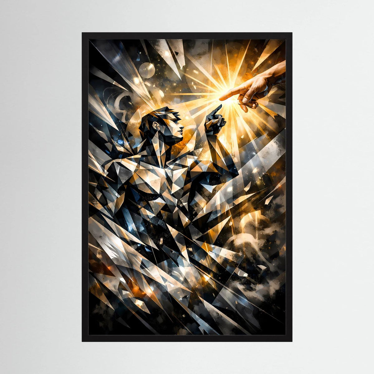 Abstraktes Hochformat-Wandposter mit Lichtstrahlensonne, Händen und krafthafte Figur im Dreiecks-Muster