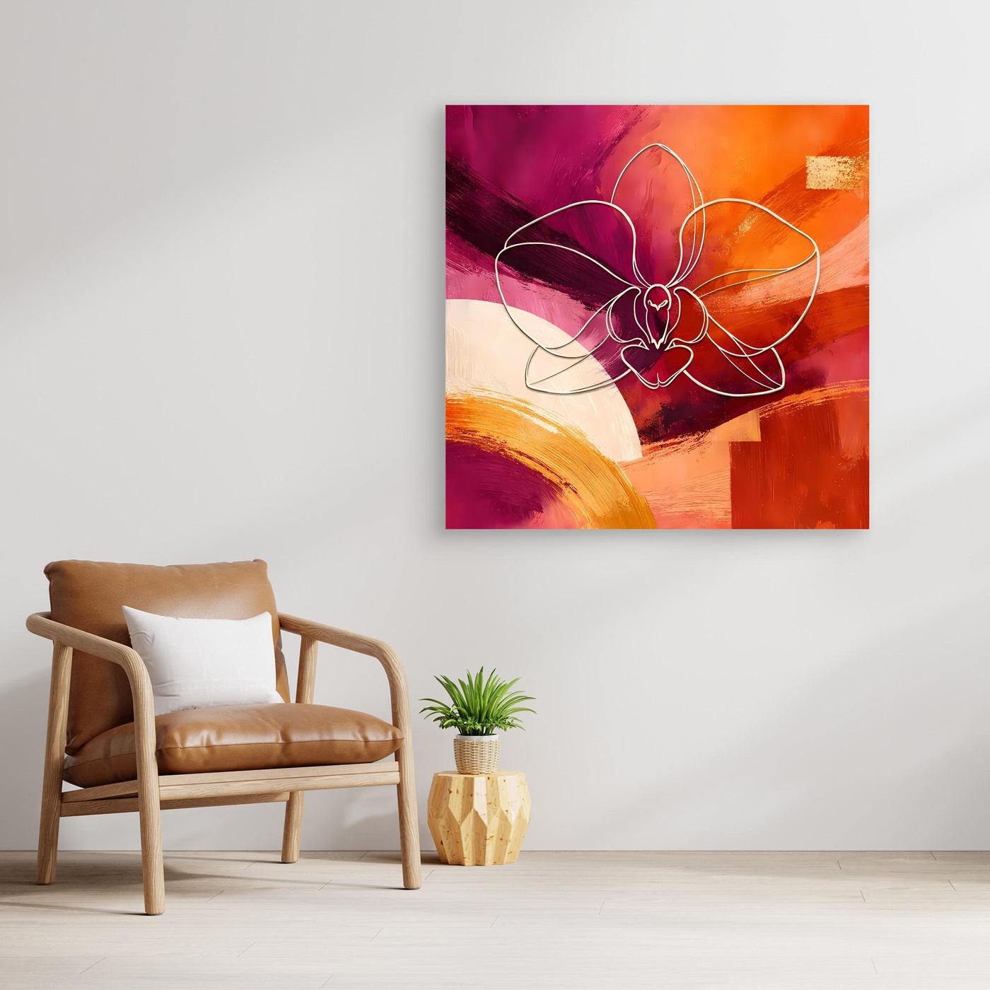 Quadratisches Leinwandbild mit abstrakter Orchidee in Lila und Orange, weißer Rahmen