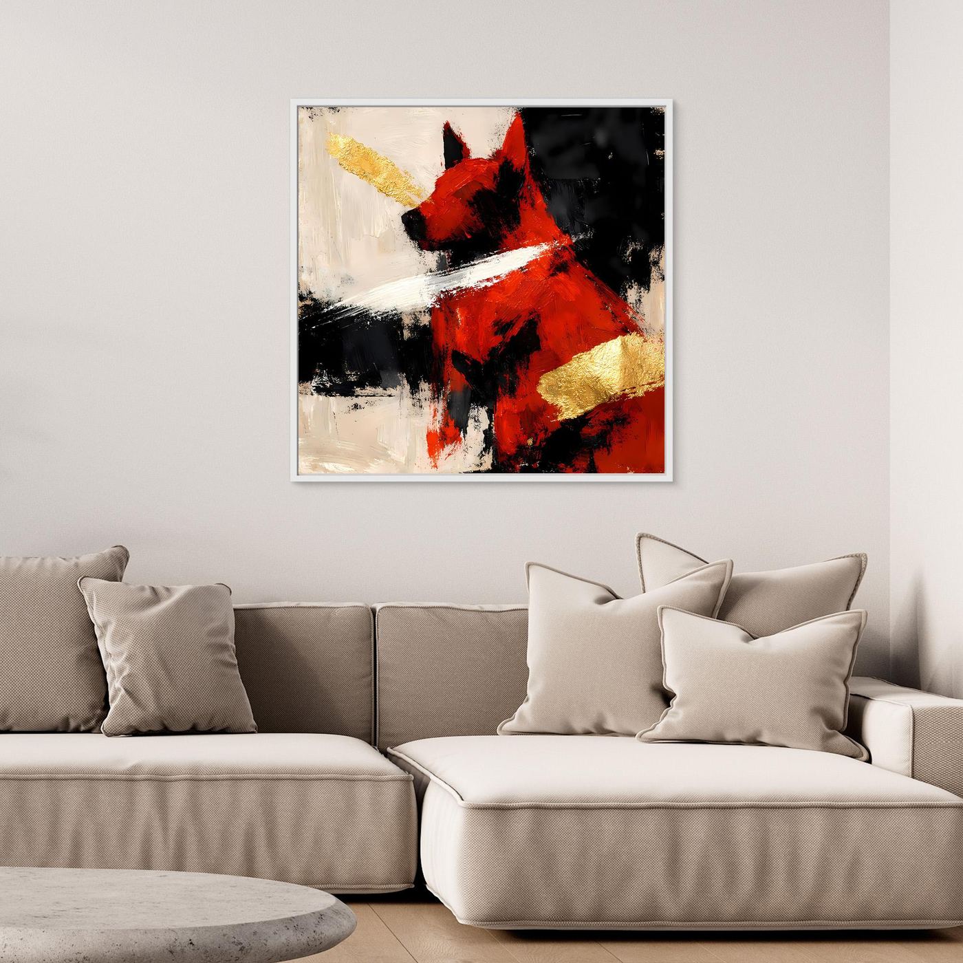 Abstraktes Leinwand-Wandbild eines Hundes in Rot und Gold mit weißem Rahmen