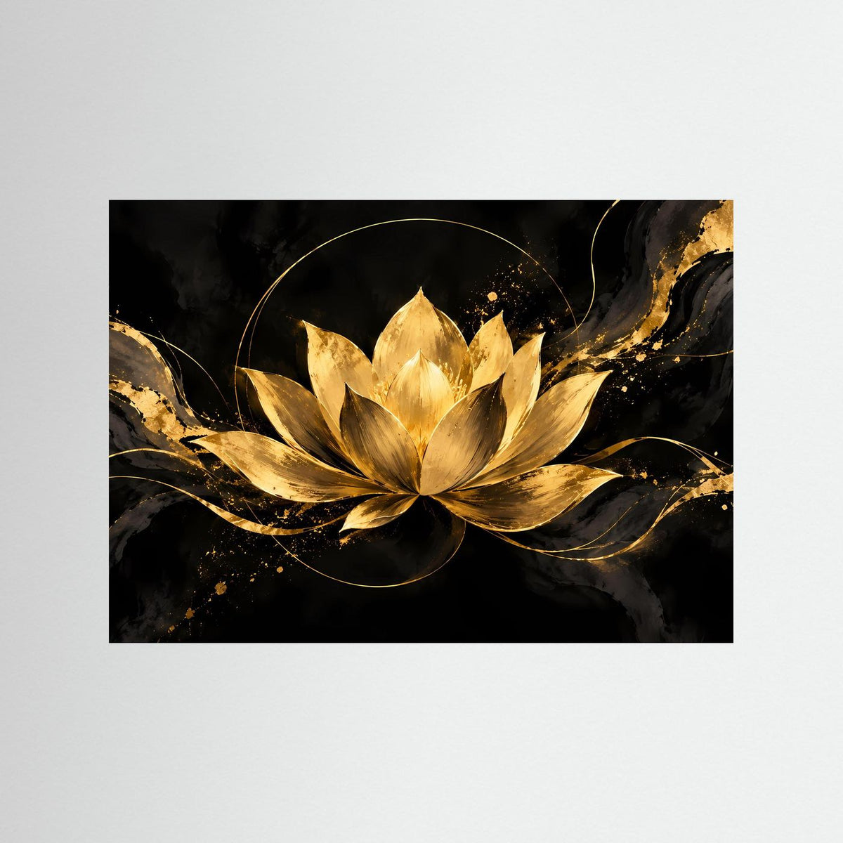 Poster im Querformat mit goldener Lotusblüte auf schwarzem Hintergrund