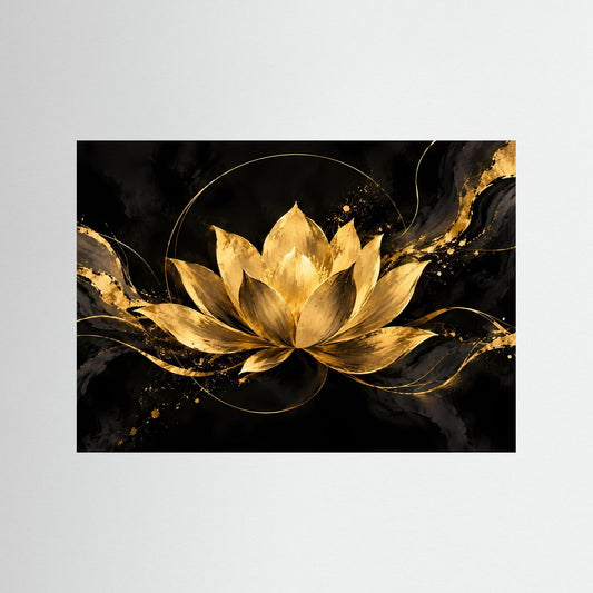 Poster im Querformat mit goldener Lotusblüte auf schwarzem Hintergrund