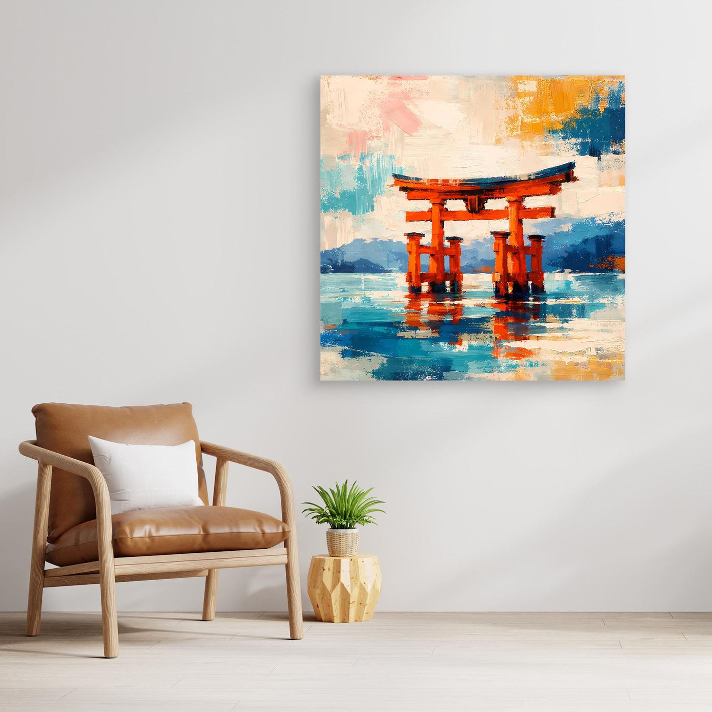 Leinwandbild Japanisches Torii-Tor im Meer | Abstraktes Kultur Wandbild auf echtem Holzkeilrahmen