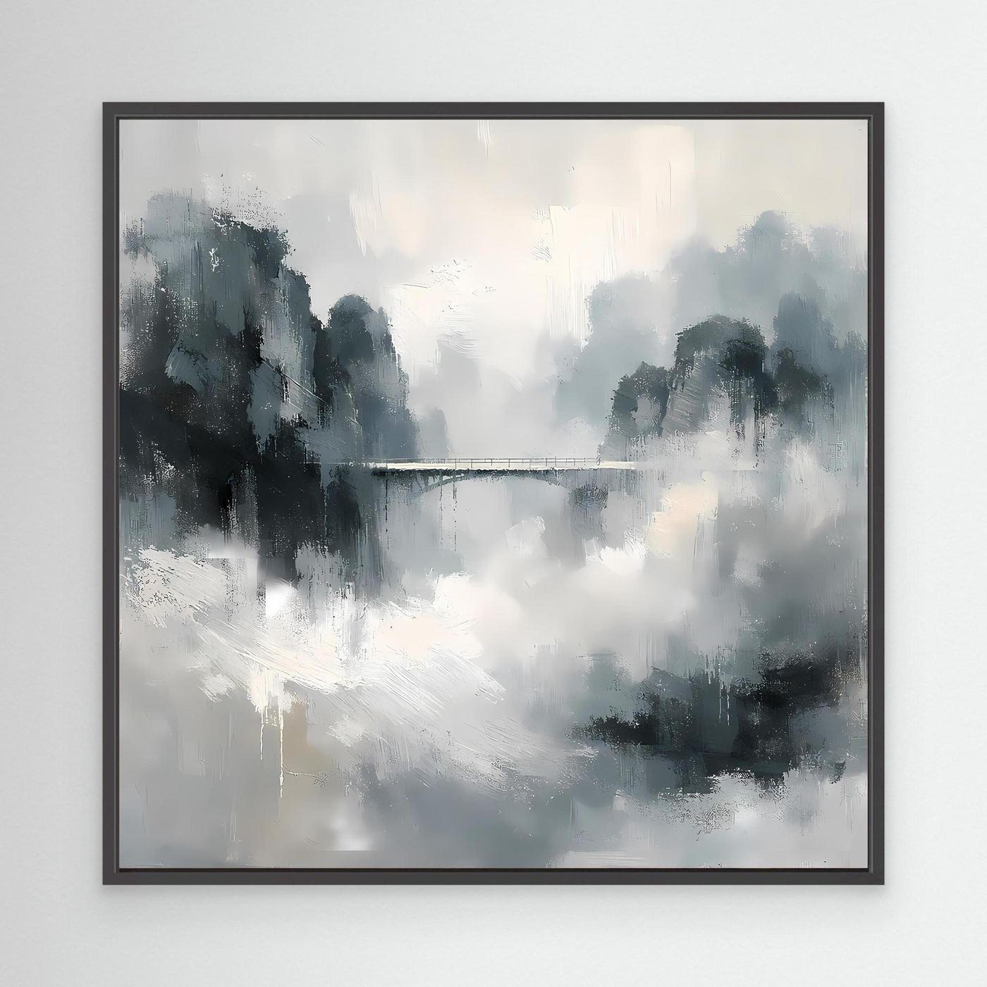Leinwand Mystische Bergbrücke im Nebel | Abstraktes Natur Wandbild Grau