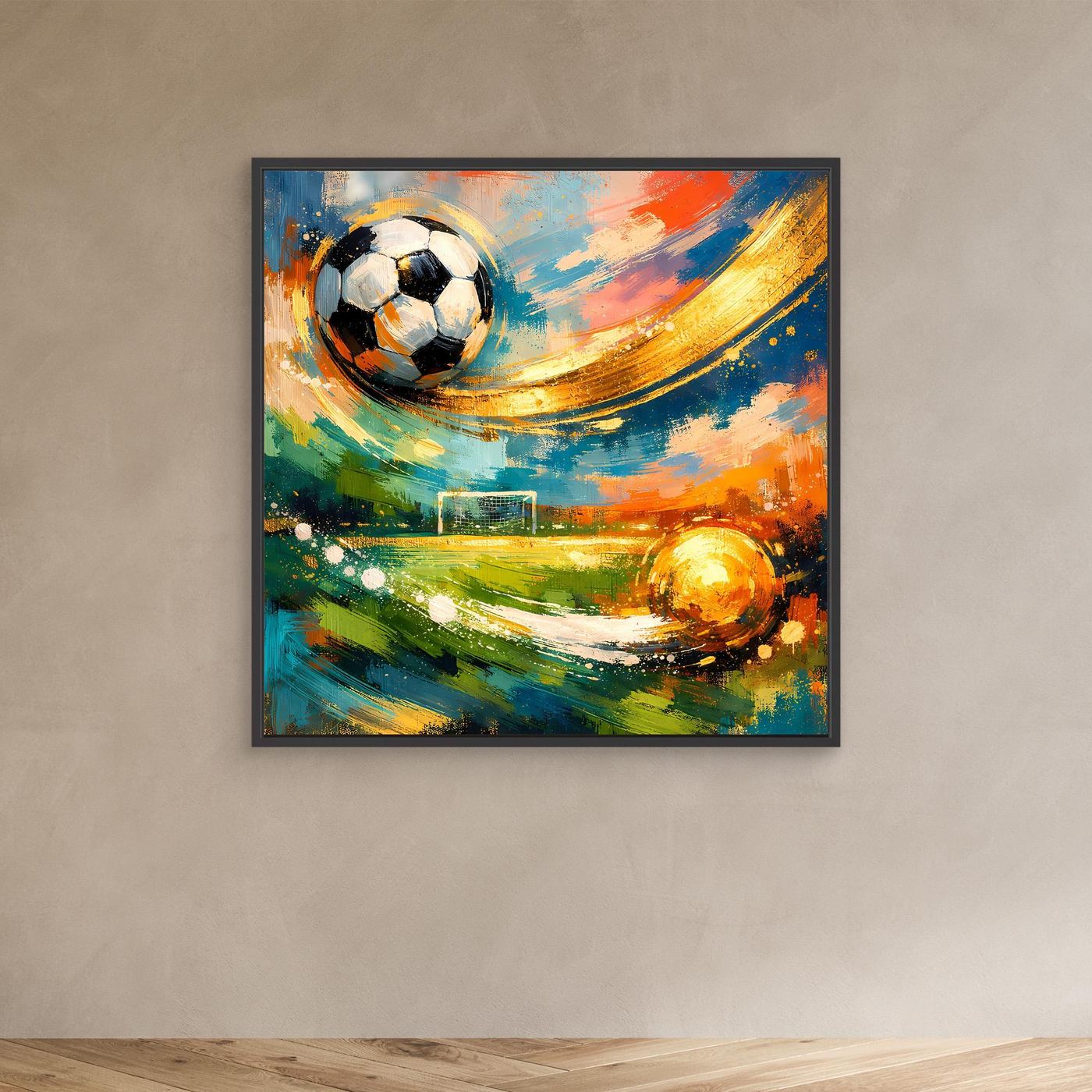 Abstraktes Leinwandbild mit Fußball, buntem Lichtbogen und Pinselstrichen, schwarzer Rahmen