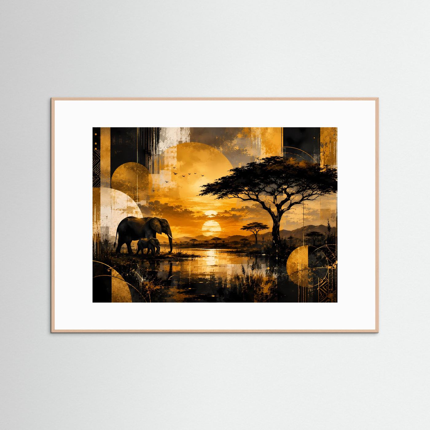 Gerahmtes Poster im Querformat: Elefanten auf der Savanne bei Sonnenuntergang, weißer Rahmen