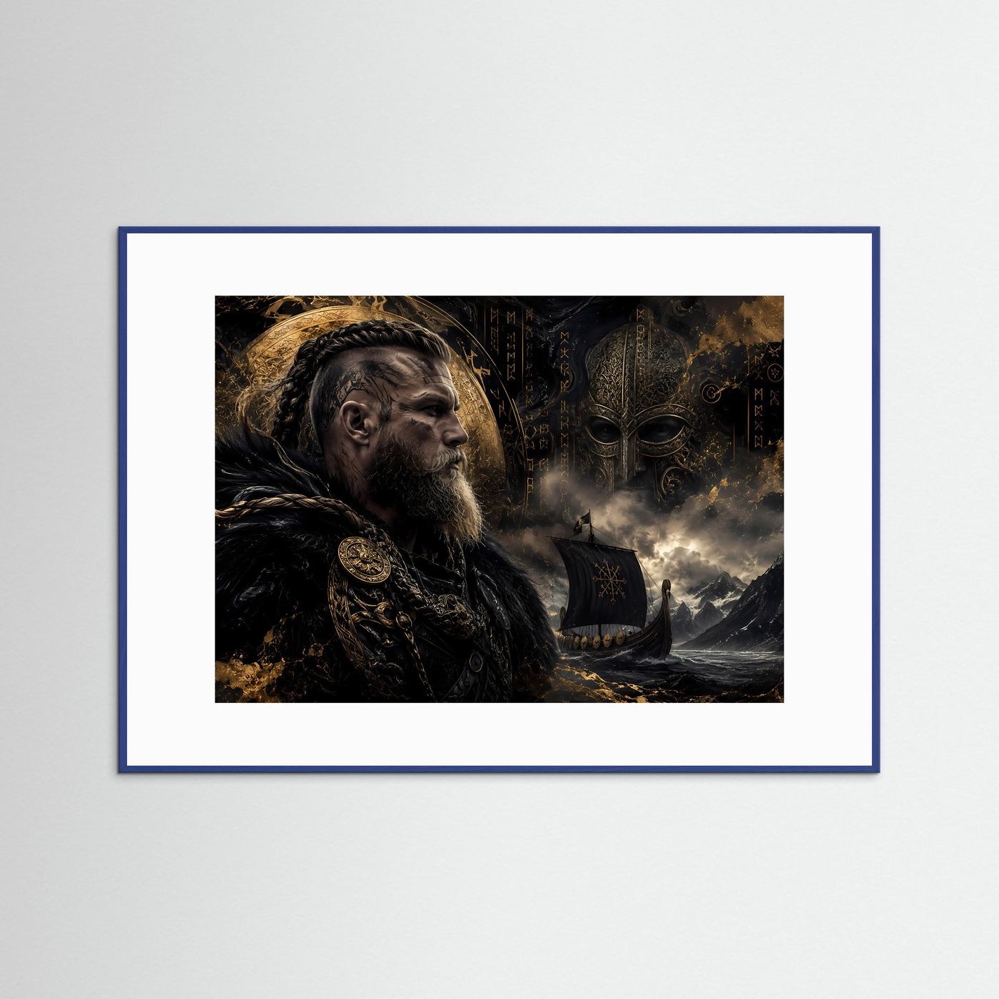 Epischer Wikinger-Krieger auf hoher See | Nordische Mythologie & Drachenschiff Poster Querformat