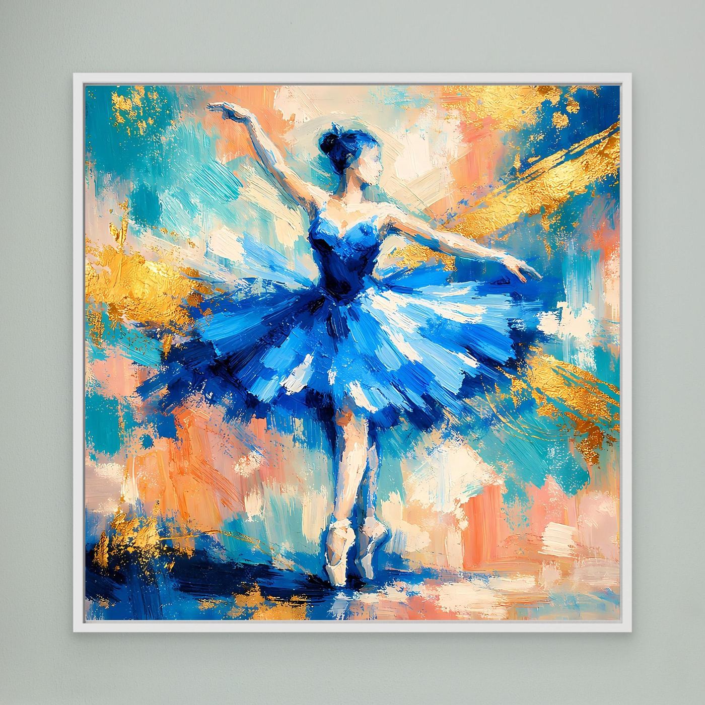 Leinwandbild mit abstrakter Ballerina in Blau, weiß gerahmt