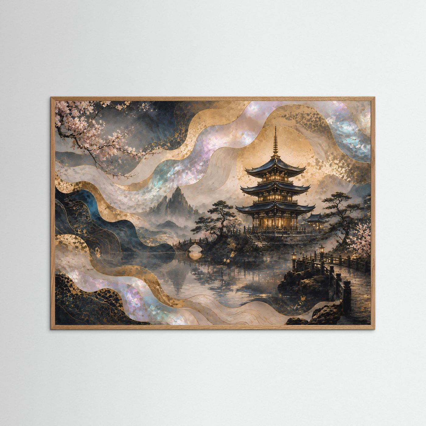 Querformat-Poster mit japanischer Pagode und Kirschblüten, gerahmt in hellem Eichenholz