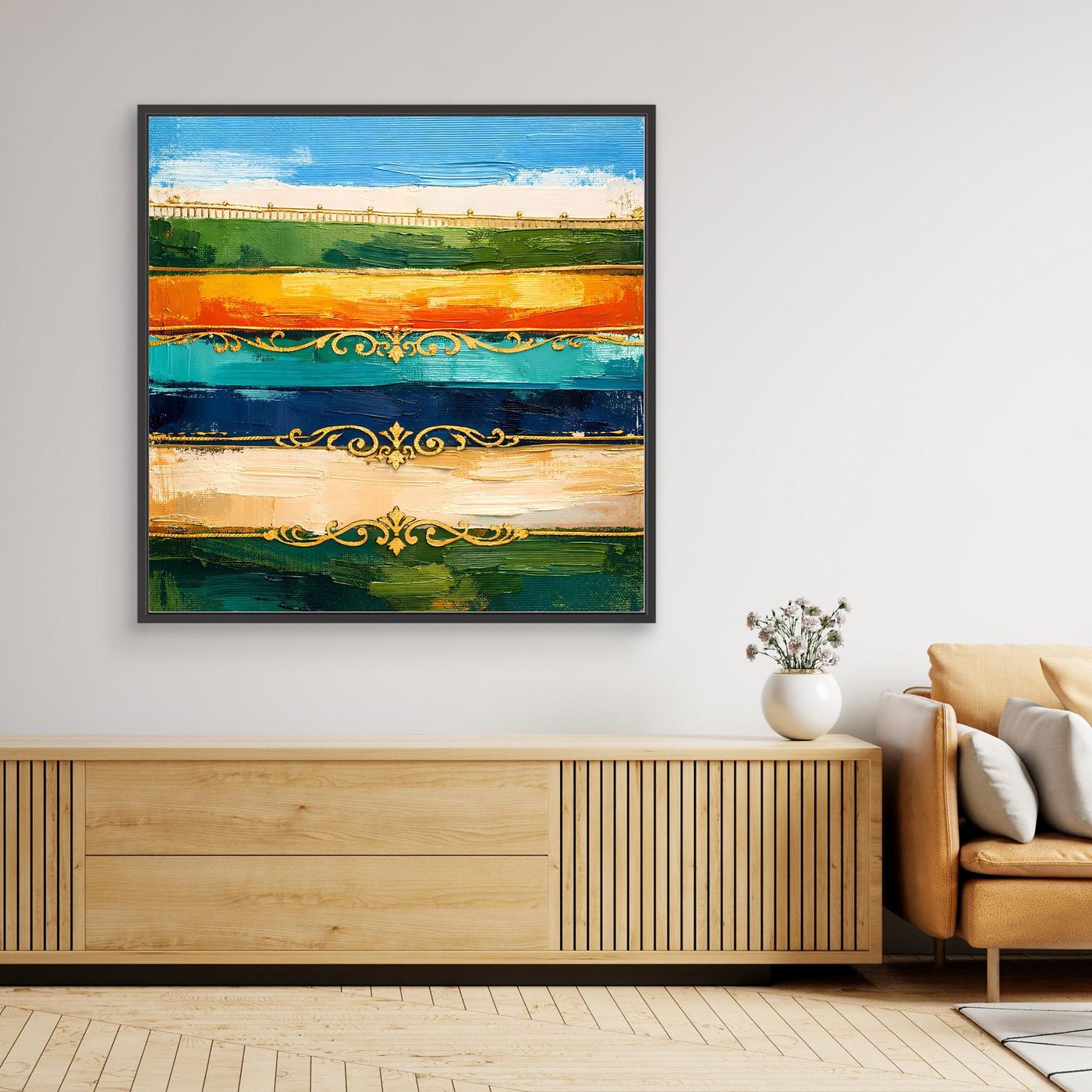 Leinwand Elegante Abstrakte Farbstreifen | Modernes Wandbild mit Goldornamenten