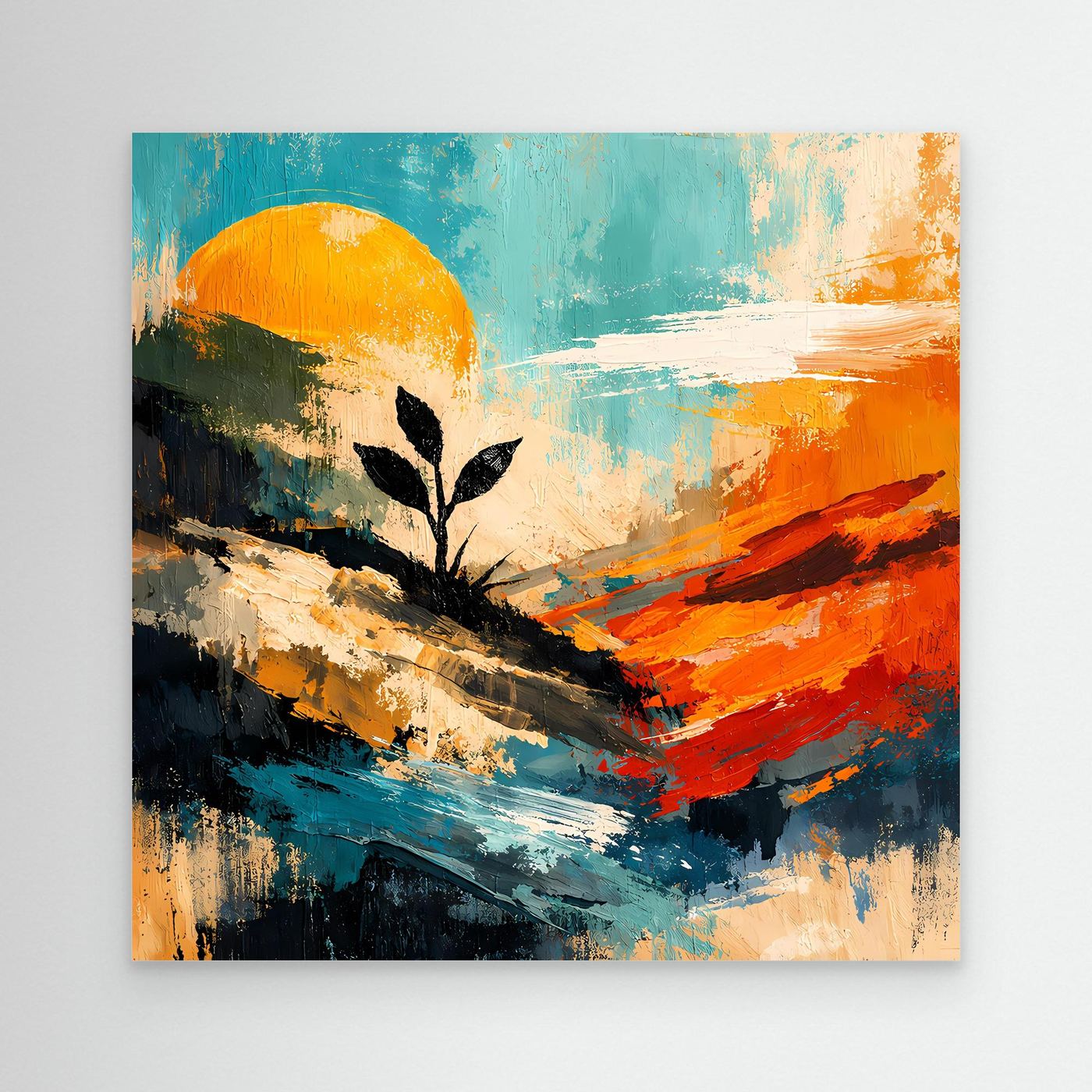 Abstraktes Wandbild ohne Rahmen mit Sonnenmotiv, Baum-Silhouette und Pinselstrichen