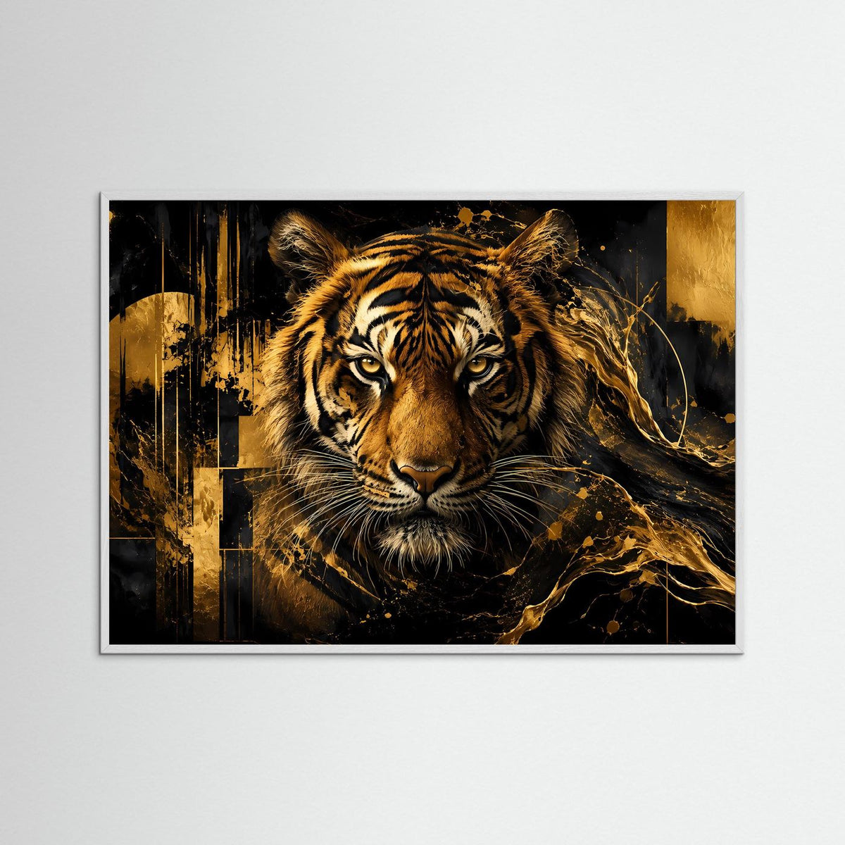 Poster im Querformat mit Tiger in Schwarz und Gold, mit schwarzem Rahmen