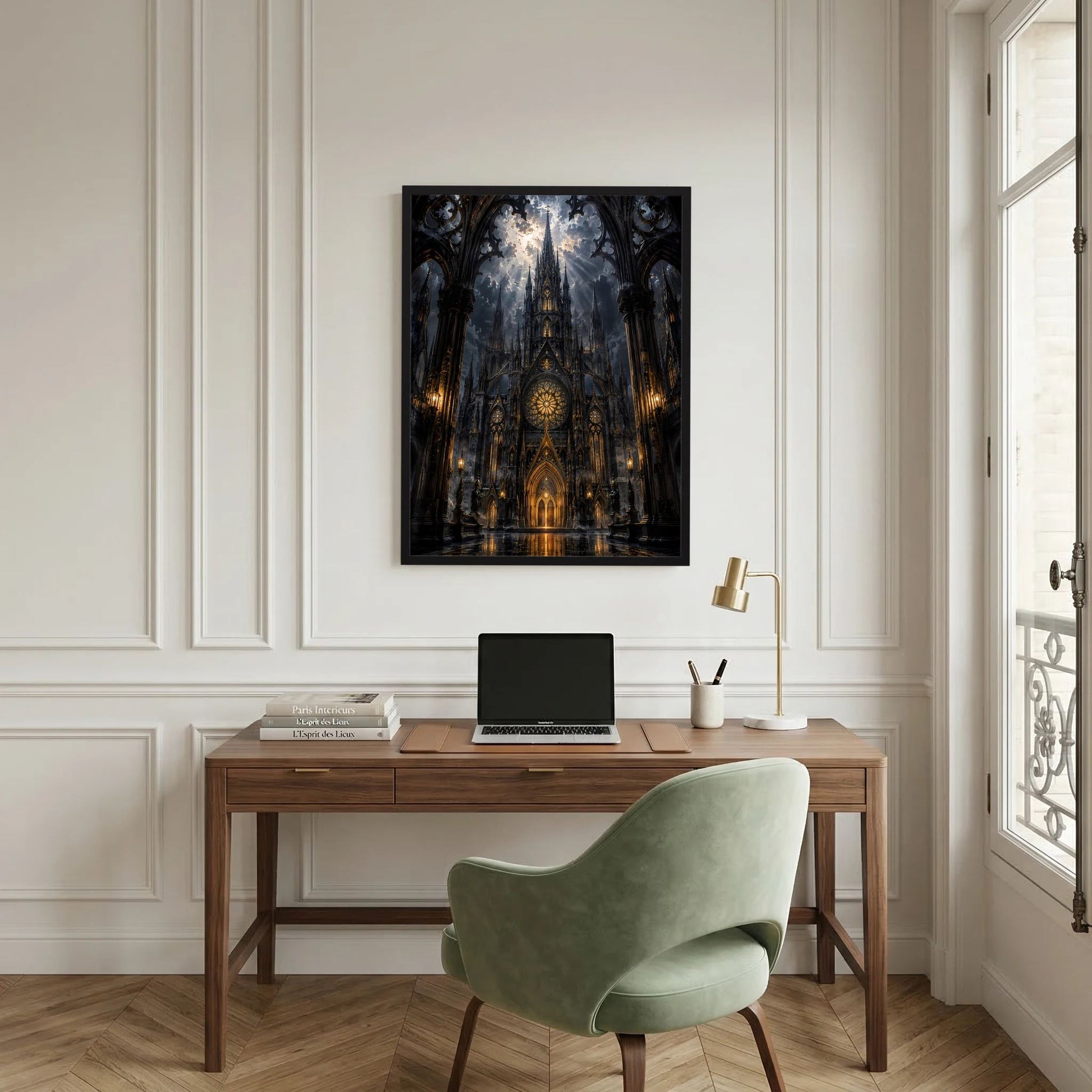 Hochformat-Poster mit gotischer Kathedrale in Schwarz und Gold, schwarzer Rahmen