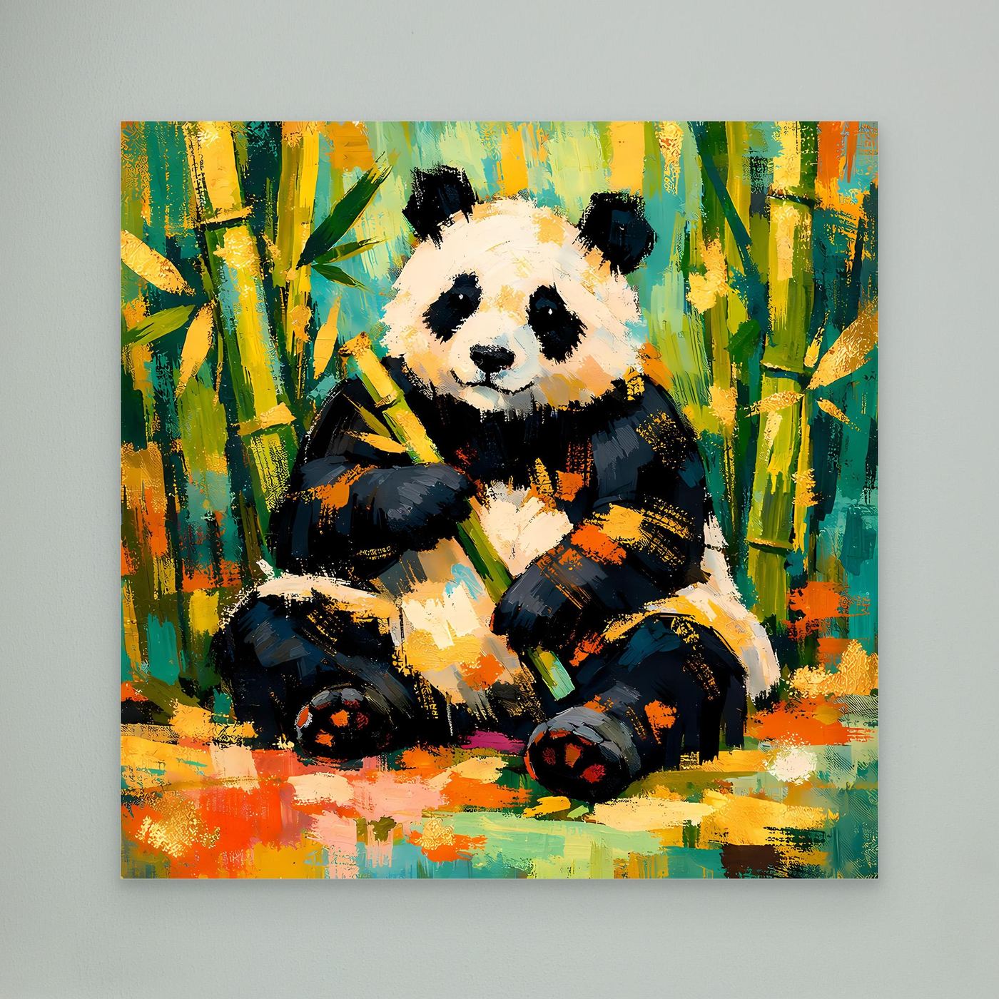 Leinwandbild mit sitzendem Panda im Bambuswald, abstrakte Farbflächen, weißer Rahmen
