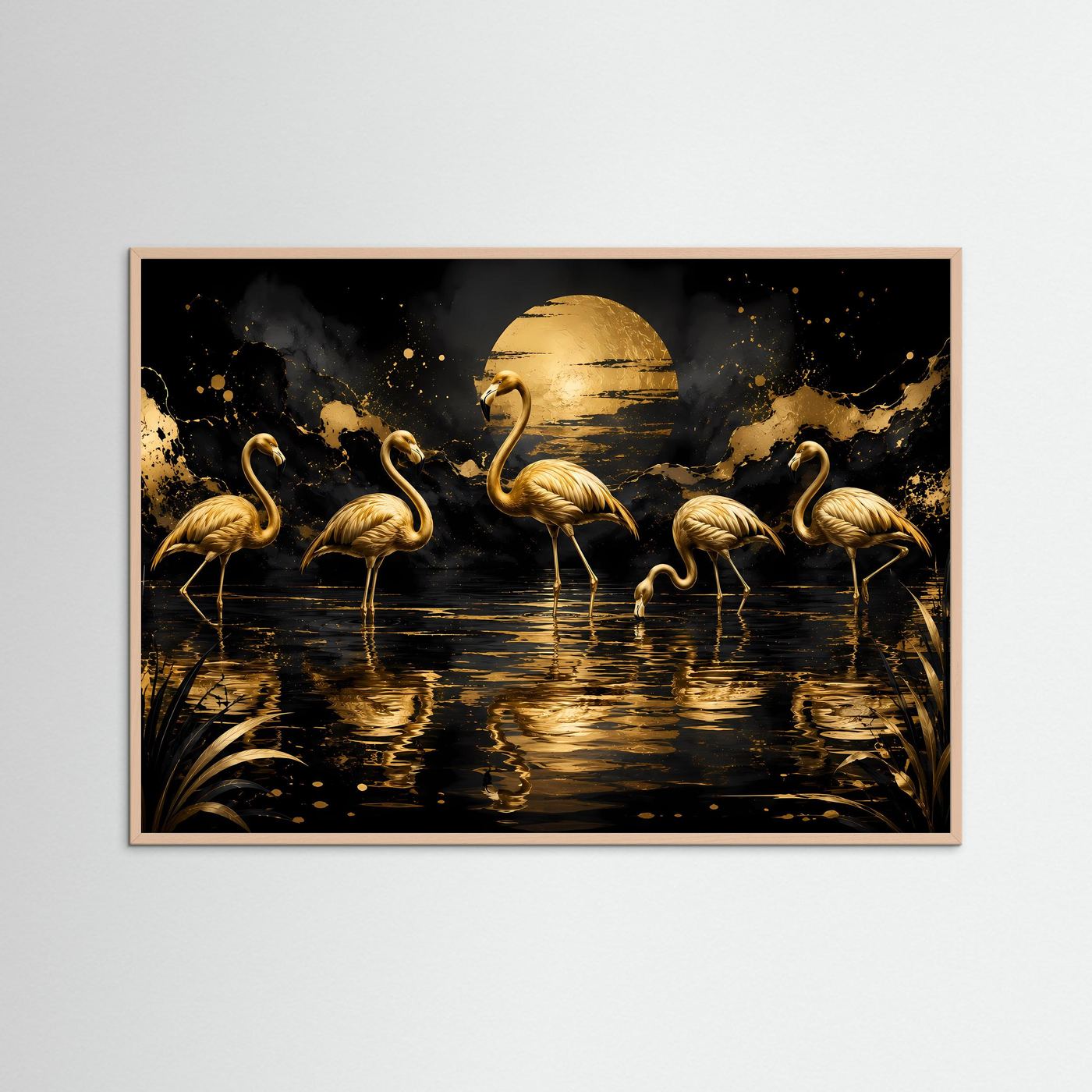 Querformat-Wandbild mit goldenen Flamingos, brauner Holzrahmen