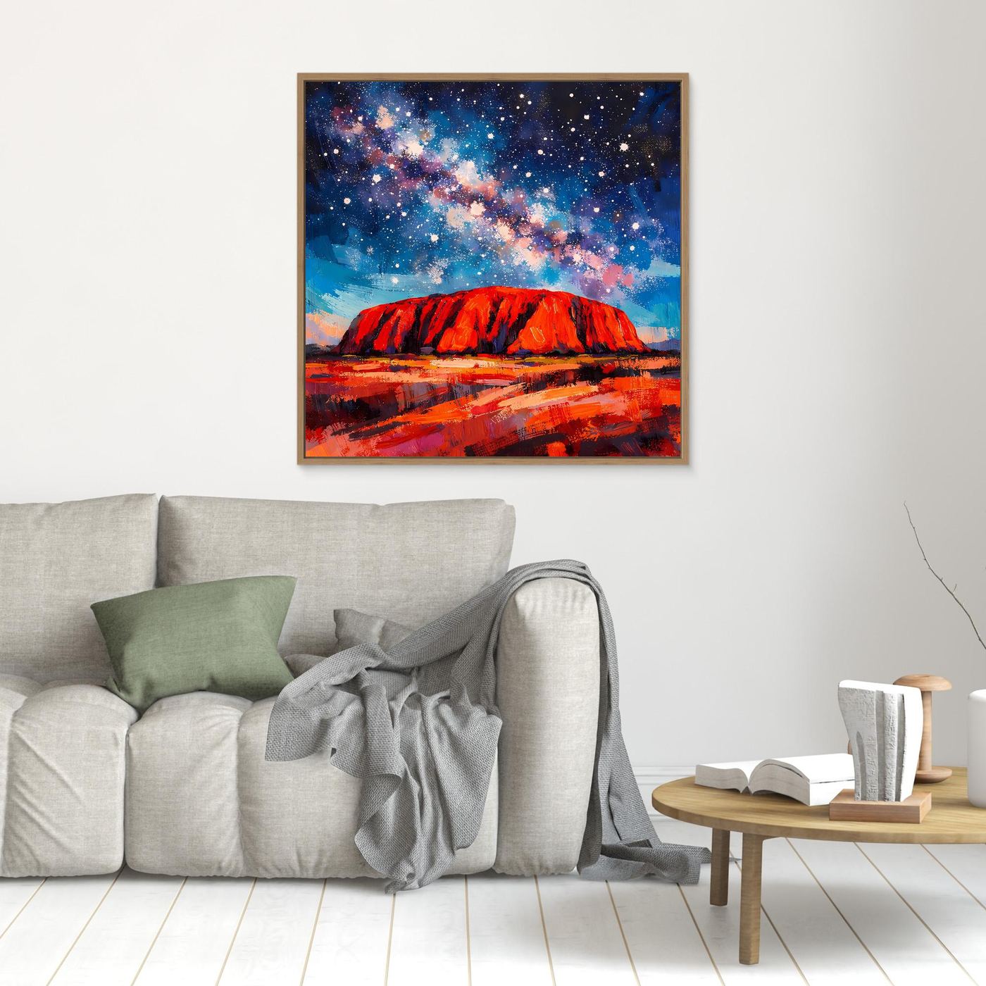 Kleines Wandbild mit Sternenhimmel und rotem Uluru, abstrakt, hellbraun gerahmt
