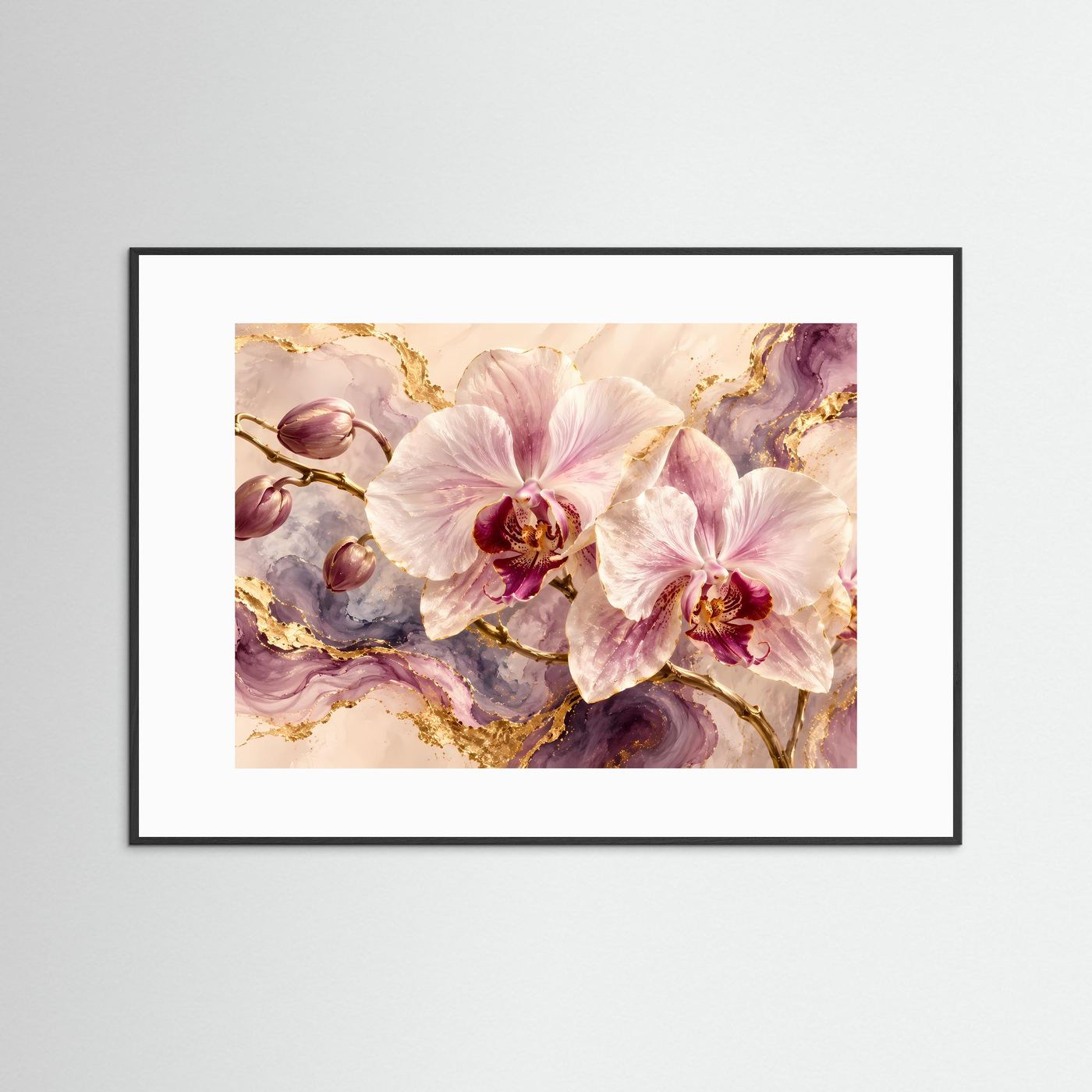 Gerahmtes Poster mit weißem Passepartout, rosafarbene Orchideen und Goldmarmor, quer
