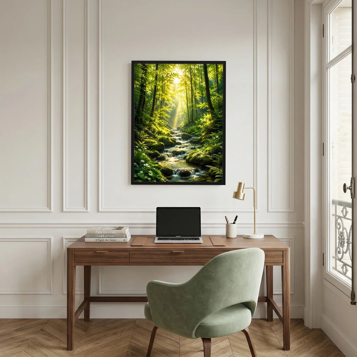 Hochformat-Poster mit Waldweg, Bachlauf und Sonnenstrahlen im grünen Wald