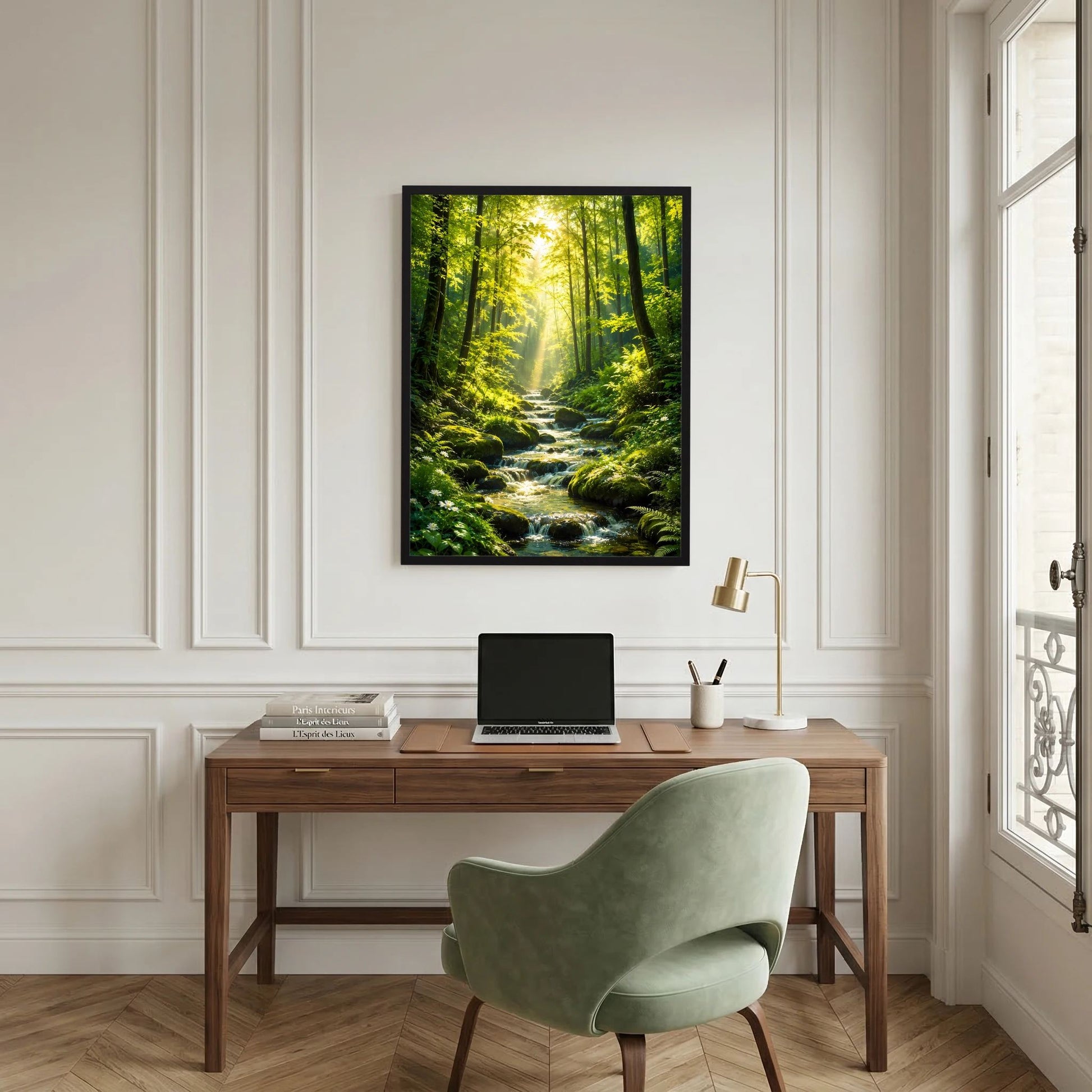 Hochformat-Poster mit Waldweg, Bachlauf und Sonnenstrahlen im grünen Wald